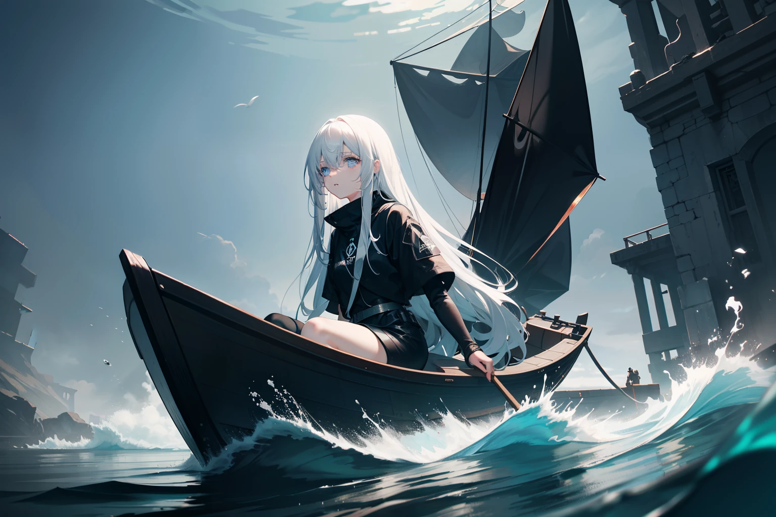 Polluted black ocean,There was a girl on the canoe,Wearing a half-off radiation suit,long white hair,blue color eyes,With tears in her eyes,Gray-black accents,Dark Department