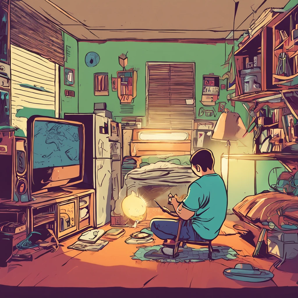 teen, playing mobile game, view from a little further, no electricity, in his room