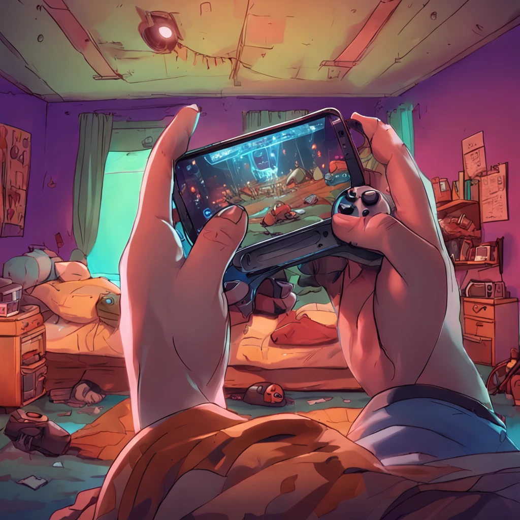 teen, playing mobile game, view from a little further, no electricity, in his room