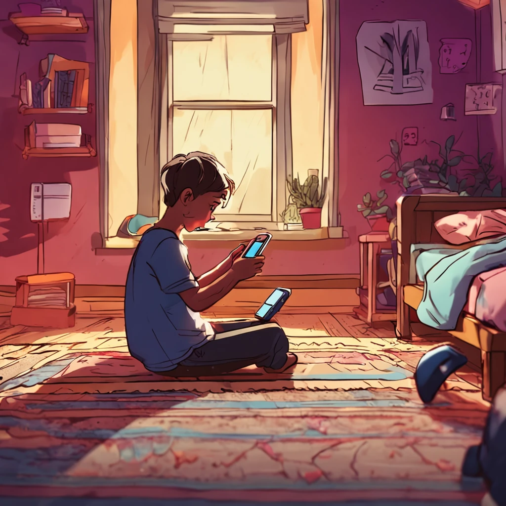 teen, playing mobile game, view from a little further, no electricity, in his room