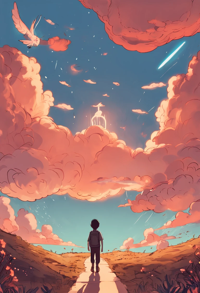 masterpiece, best quality, movie still, 2 boy shake hand, cute, cat cloud boy, floating in the sky, close-up, bright, happy, warm soft lighting, ghibli style, anime, danmei book, sunset, (sparks:0.7)