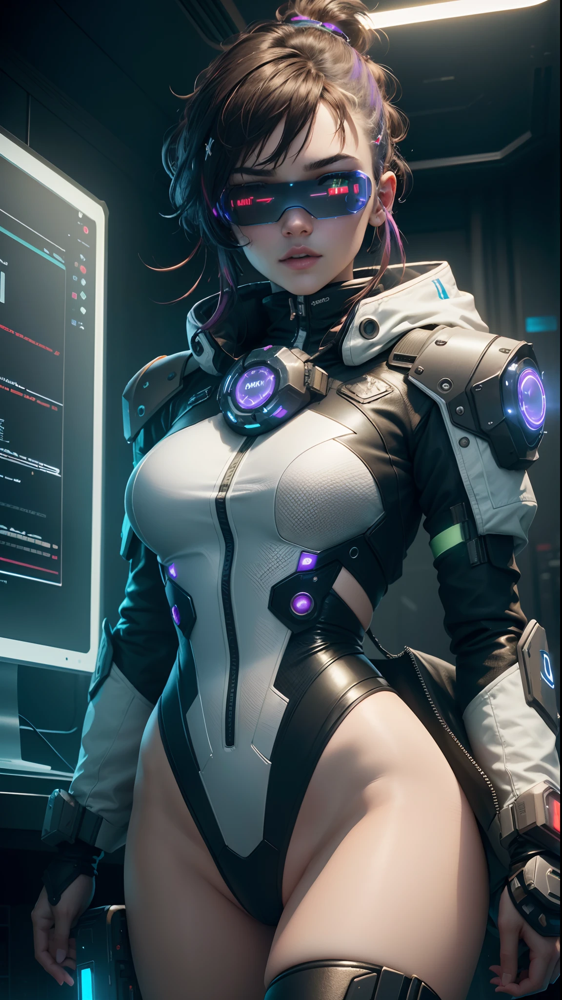 ((Best Quality)), ((Masterpiece)), (Very detailed:1.3), 3D, Beautiful (Cyberpunk:1.3) Female hacker, Mohican hairstyle, back to viewer, thick hair, operating computer terminal, head-mounted display, computer server, LCD screen, fiber optic cable, company logo, HDR (high dynamic range), ray tracing, nvidia RTX, super resolution, Unreal 5, subsurface scattering, PBR texture, post-processing, anisotropic filtering, depth of field, Maximum sharpness and sharpness, multi-layered textures, albedo and highlight maps, surface shading, accurate simulation of light-material interactions, perfect ratios, octane rendering, duotone lighting, low ISO, white balance, rule of thirds, wide aperture, 8K RAW, efficient sub-pixels, subpixel convolution, luminous particles, dynamic pose