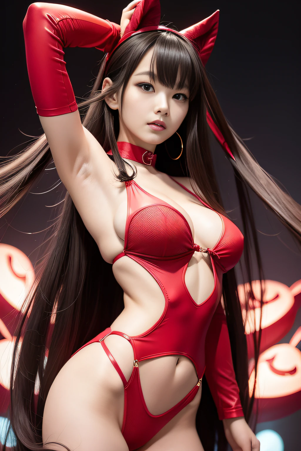 (Thin eyebrows:0.5)、(thin lipss:0.8)、(small nose:0.8)、dance pose、bunnygirl、Red Bunny Suit、fishnet tights、garterbelts、rabbitears、(absurdly long hair:1.5)、Hair that flutters in the wind、infp young woman、A slight smil、(the perfect body:1.4)、(small nipple:0.7)、Big breasts、Huge breasts、huge-breasted、By Michelangelo、ulzzang -6500-v1.1
