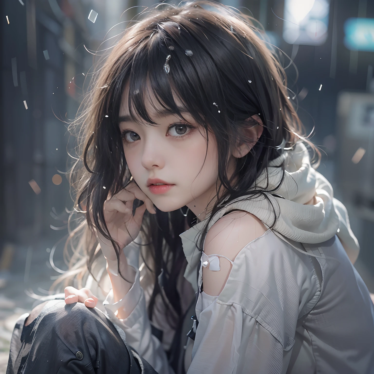 Highest image quality、masterpiece level、Fidelity 1.4，Photo Shot，A girl appears[（grieves）]， a asian beauty， Super beautiful， Beautiful skins， slim， body facing front， （Ultra photo realsisim）， （hight resolution）， （8K），, ssmile,short detailed hair，Black shawl straight hair，46 point slanted bangs，high definition detail、Hyper-detailing、Cinematic Light、Ultra-realistic realism、Soft light、Deep field focus bokeh、With short black hair，White skin，famousartwork，face perfect，beauitful face，beautidful eyes，（（Perfect female body）），In a white blouse shirt，The shirt,pleatedskirt,In a white blouse shirt，The scene is dark、darkly，Present despair、pitying、Feeling of pity，Squatting on the ground。Like in the movie，With tears in my eyes，There are tears on the face。There are tears on clothes（Weight 1.5），Drenched clothes（Weight 1.4）And bare shoulders。It's really raining，Hair is soaked。
