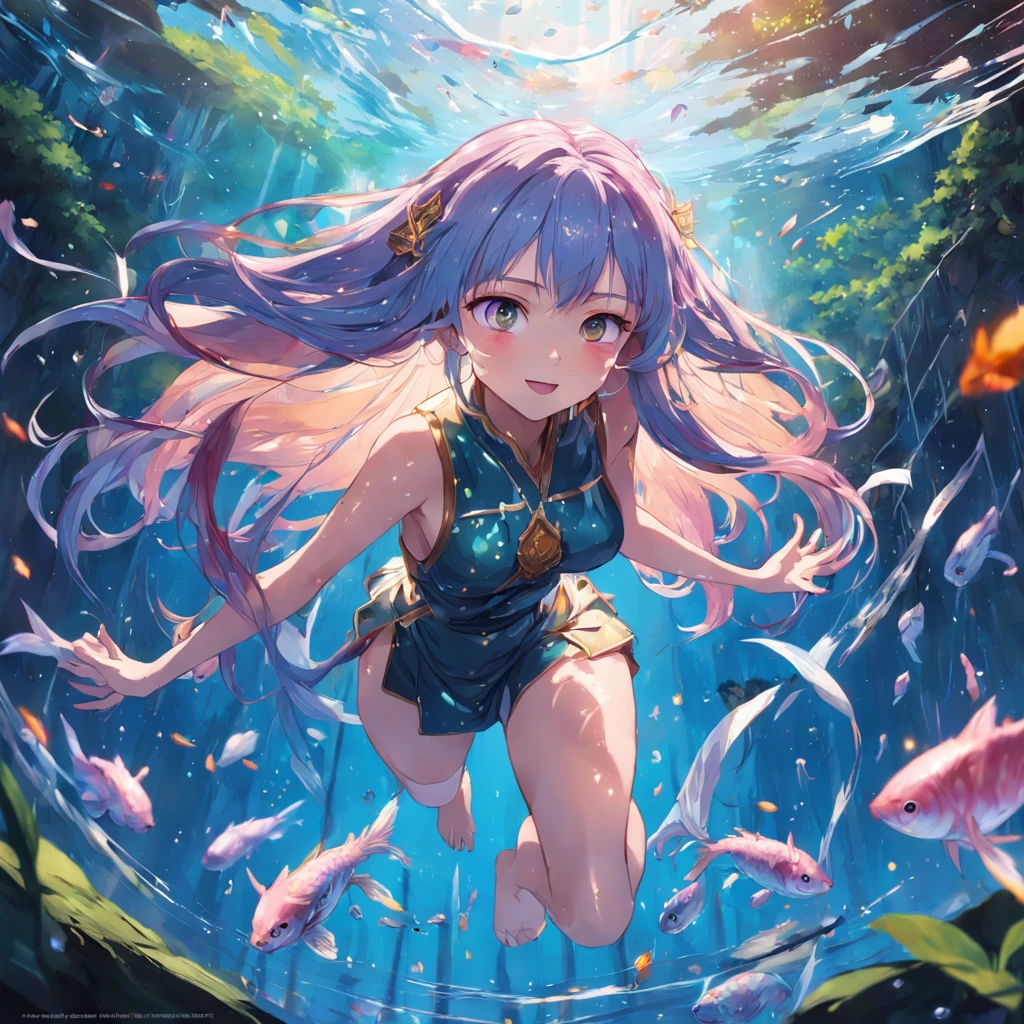 [(Transparent background:1.5)::5],(((Masterpiece))),(((Best quality))),(((Extremely detailed))),illustration, 1girll,Solo,mysterious,vivd colour,Shiny, the trees,(Colorful random hair),(Purple eyes), full bodyesbian,Wet,Barefoot,Long hair tranquility nature, Koi,Underwater, float in the water,Sparkling,Dynamic actions,Lens perspective,(((Box composition))), voluminetric lighting, multi colored eyes, Detailed eyes, ultra - detailed,Light smile, Highly detailed, Beautiful, beautifullegs,tempting pose,small detailed, Ultra detailed, Best quality, Intricate, 4K, 8K, trending on artstationh, Good , Beautiful lighting, Award-winning,Bigchest,orient,petals,Falling
