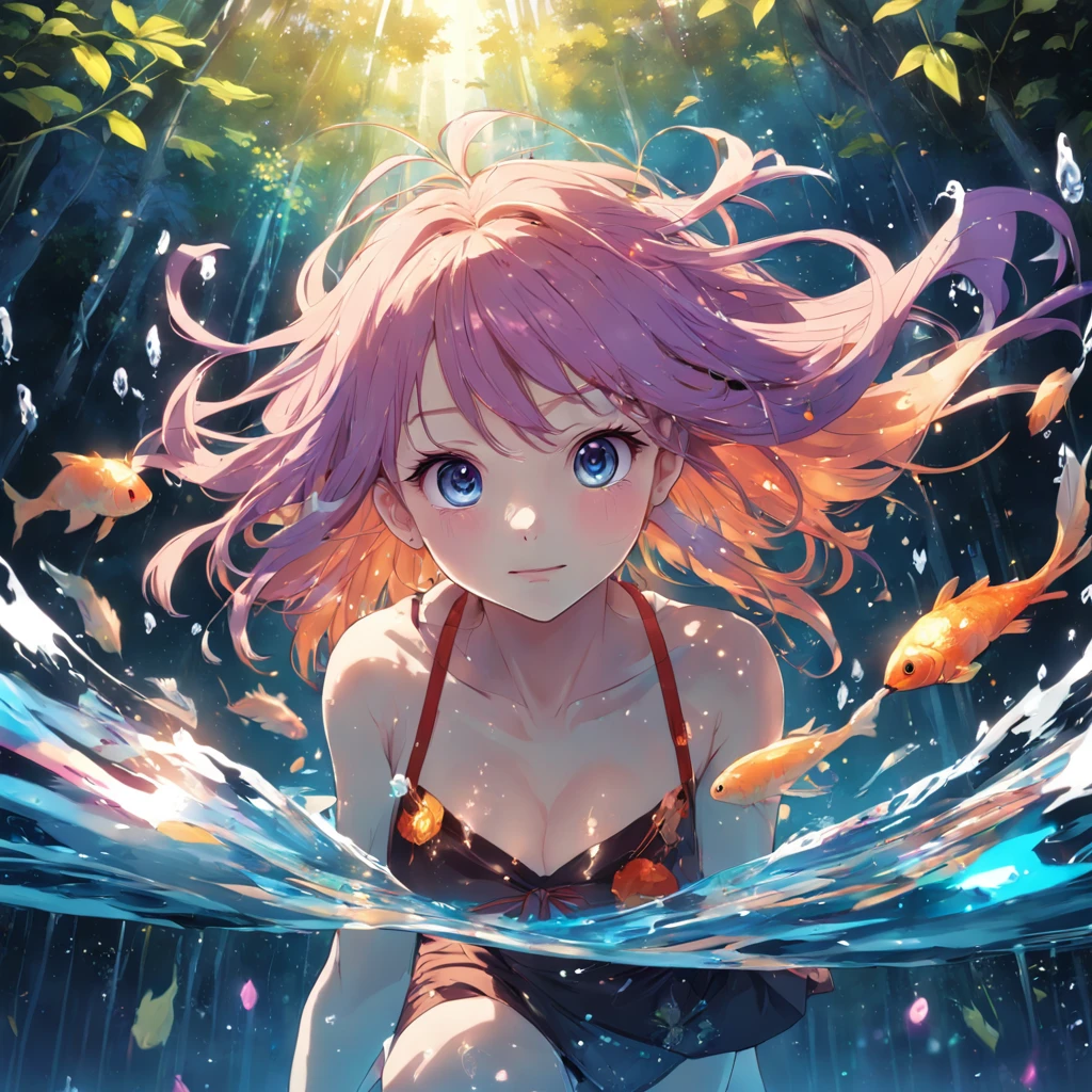 [(Transparent background:1.5)::5],(((Masterpiece))),(((Best quality))),(((Extremely detailed))),illustration, 1girll,Solo,mysterious,vivd colour,Shiny, the trees,(Colorful random hair),(Purple eyes), full bodyesbian,Wet,Barefoot,Long hair tranquility nature, Koi,Underwater, float in the water,Sparkling,Dynamic actions,Lens perspective,(((Box composition))), voluminetric lighting, multi colored eyes, Detailed eyes, ultra - detailed,Light smile, Highly detailed, Beautiful, beautifullegs,tempting pose,small detailed, Ultra detailed, Best quality, Intricate, 4K, 8K, trending on artstationh, Good anatomy, Beautiful lighting, Award-winning,Bigchest,orient,petals,Falling