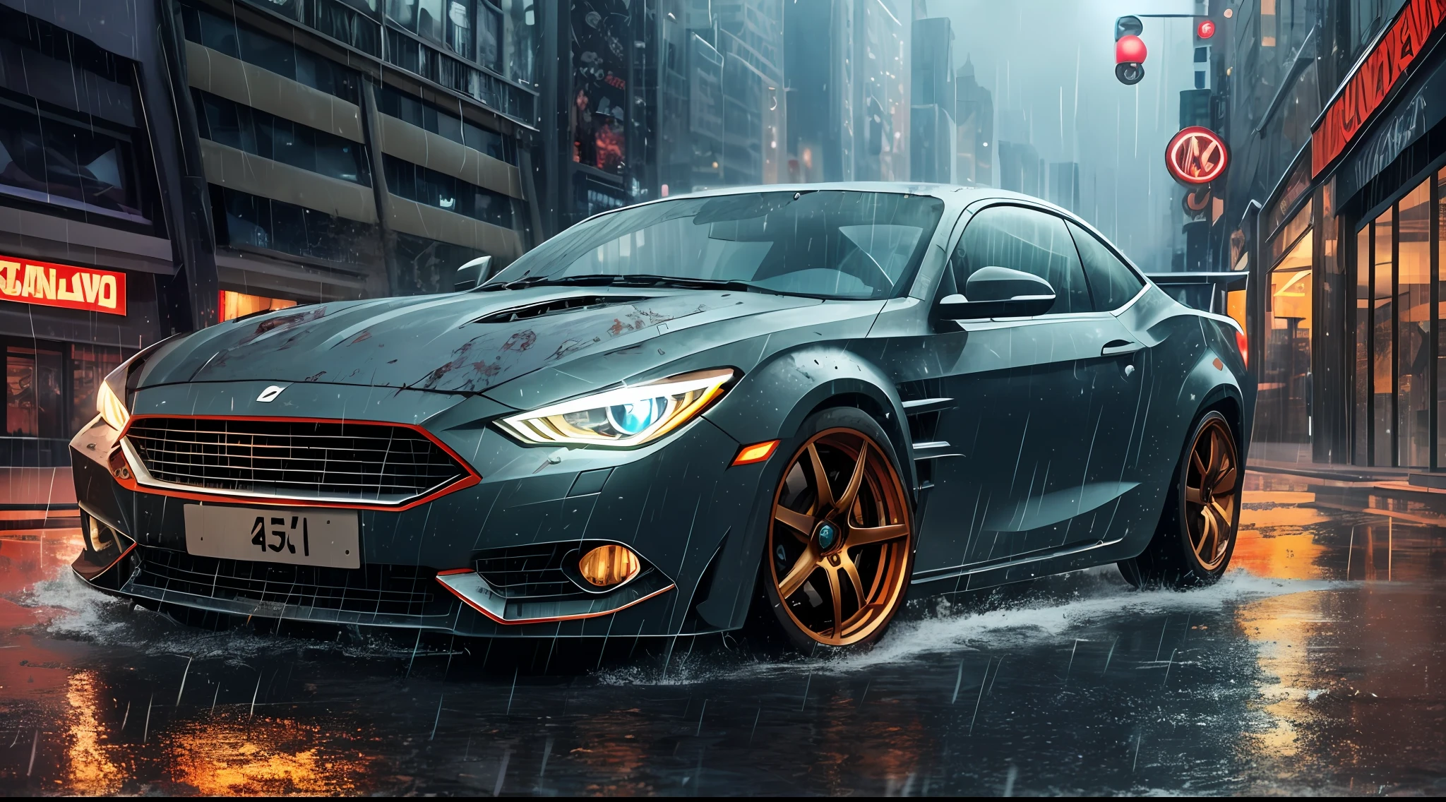 Broken City , Raining , Broken Car , Broken Road , Broken World , Angry Emotion , Dark Night , Fighting Monsters , One Punch Man , Deadly People on road ,Dark Colour , Hollywood , Bloody Bird , Outside View , intricately detailed , 4k resolution , --auto --s2