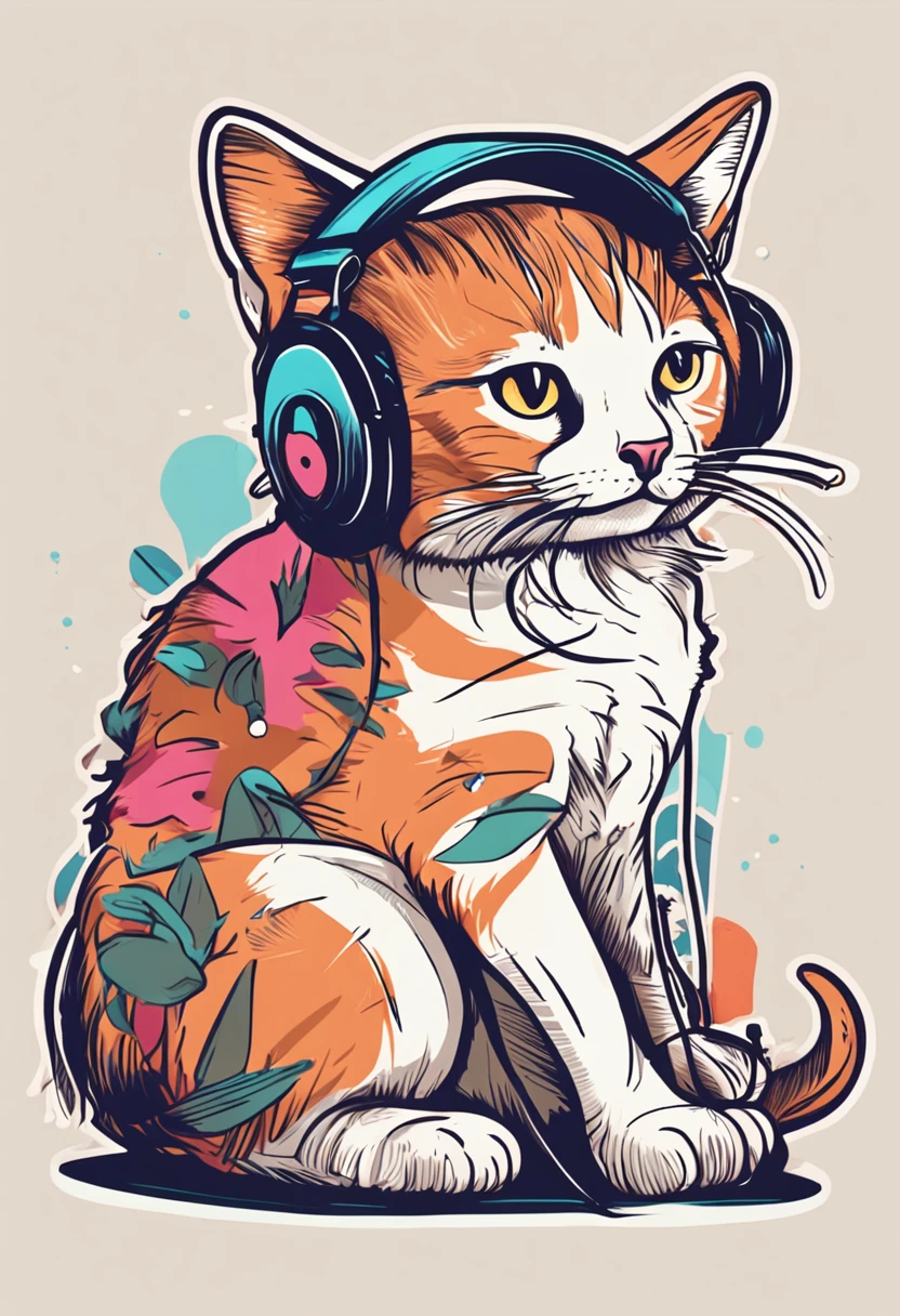 Cute stickers, Cat wearing headphones and playing DJ, Tropical Beach, Retro Classic, simple drawing,