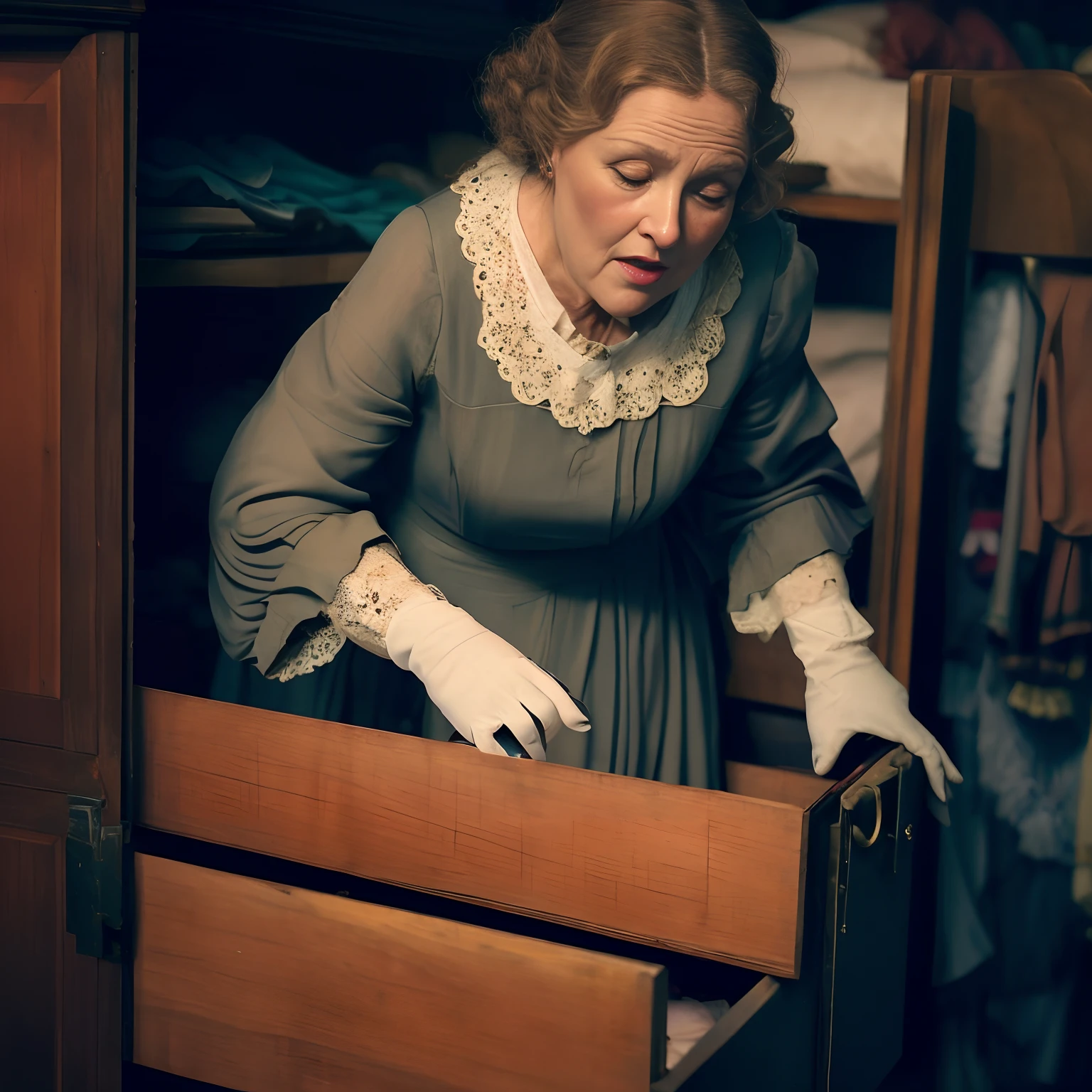 There's a woman in a dress looking inside a drawer, Em uma casa vitoriana empoeirada, Helene Fischer em Downton Abbey, in an attic, inspirado em Ada Gladys Killins, saindo de um guarda-roupa, ainda do filme, Velha, ainda de um filme, grandma, ainda de um filme live action, film still image, ainda do filme