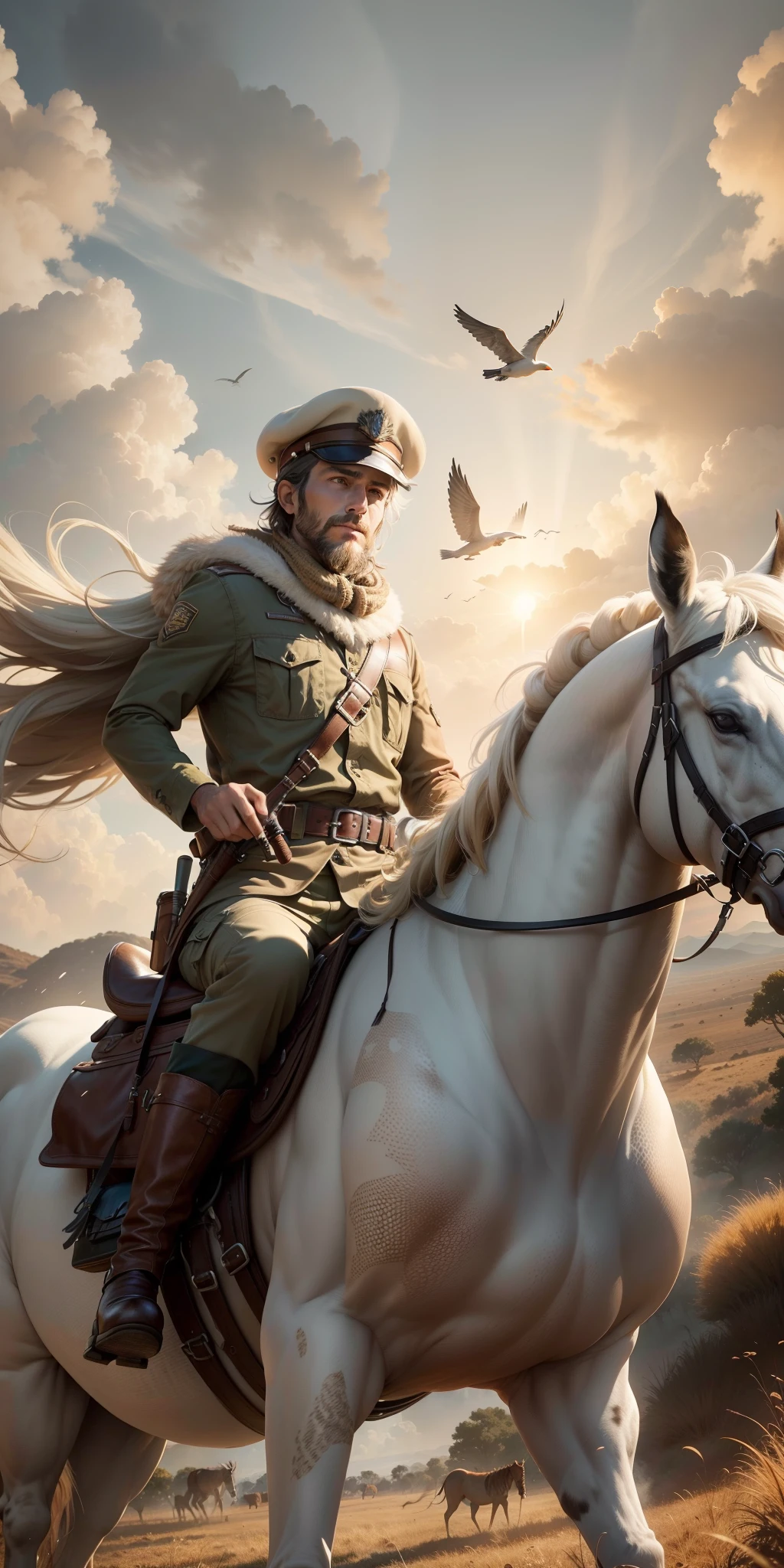 Endless savannah ，Male hunters from the West(Face the audience head-on)，Ride on a white steed，The white steed roared into the sky，Head facing the audience，In motion，（The hunter wears a berets，Carrying a shotgun on his back，Brown cowhide boots，Visually inspect the audience，Full body appearance，(Close-up:1.2)），（A delicate depiction of the hunter's body and face），Close-up，Travel through vast and spectacular savannahs，Spectacular，From the bottom point of view，Flying birds，（The setting sun shines obliquely:1.2)，(sun shining through clouds), Blue and pure sky，Rolling white clouds， Autumn tones，（light and shadow effect），（Depth of field effect），（Tyndall），（Light particle tracing），（OilPaintStyle），（CG），（Cinematic lighting visuals），（Volumetriclighting），（Unreal 5），（cinema4d），（vivd colour）,（Obvious layers）,（Photography Award）,（8k wallpaper）,（Masterpiece）,（best qualtiy）, photorealestic，realisticlying