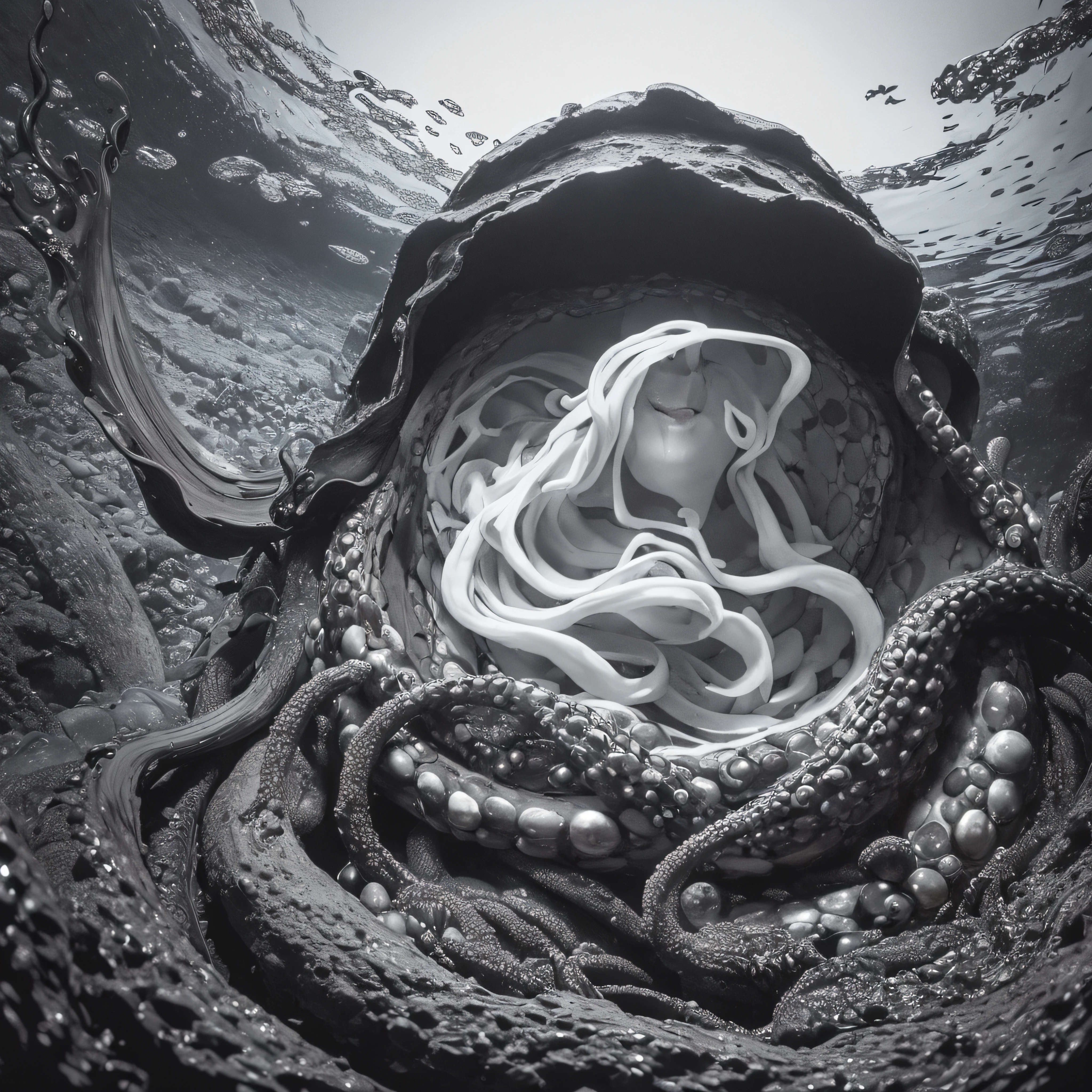 (extremadamente detallado, obra maestra, La mejor calidad, Under the Ocean), Estilo oscuro, volumetric illumination. armadura medieval, rostro con arrugas, lengua larga, tentacle, deforme, imagen submarina vista desde el exterior, pico de pulpo amenazante. manchas de tinta. Rococo composition. Luz de caravaggio