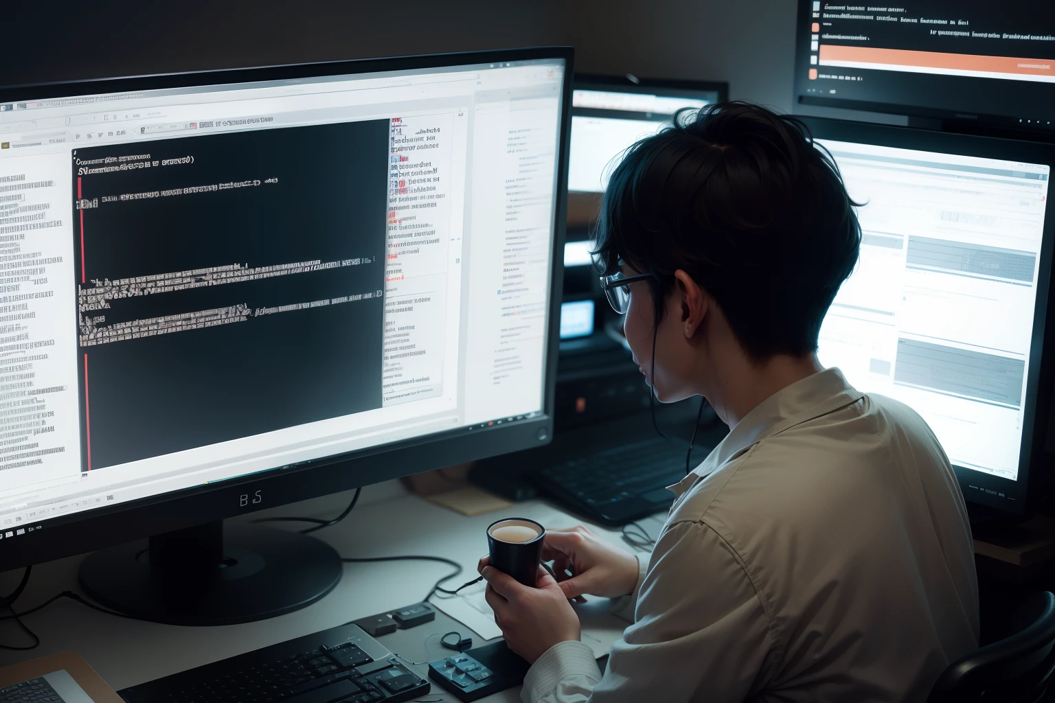 a person programming a programming language in focus on the computer screen, Vintage, vintage, illustration