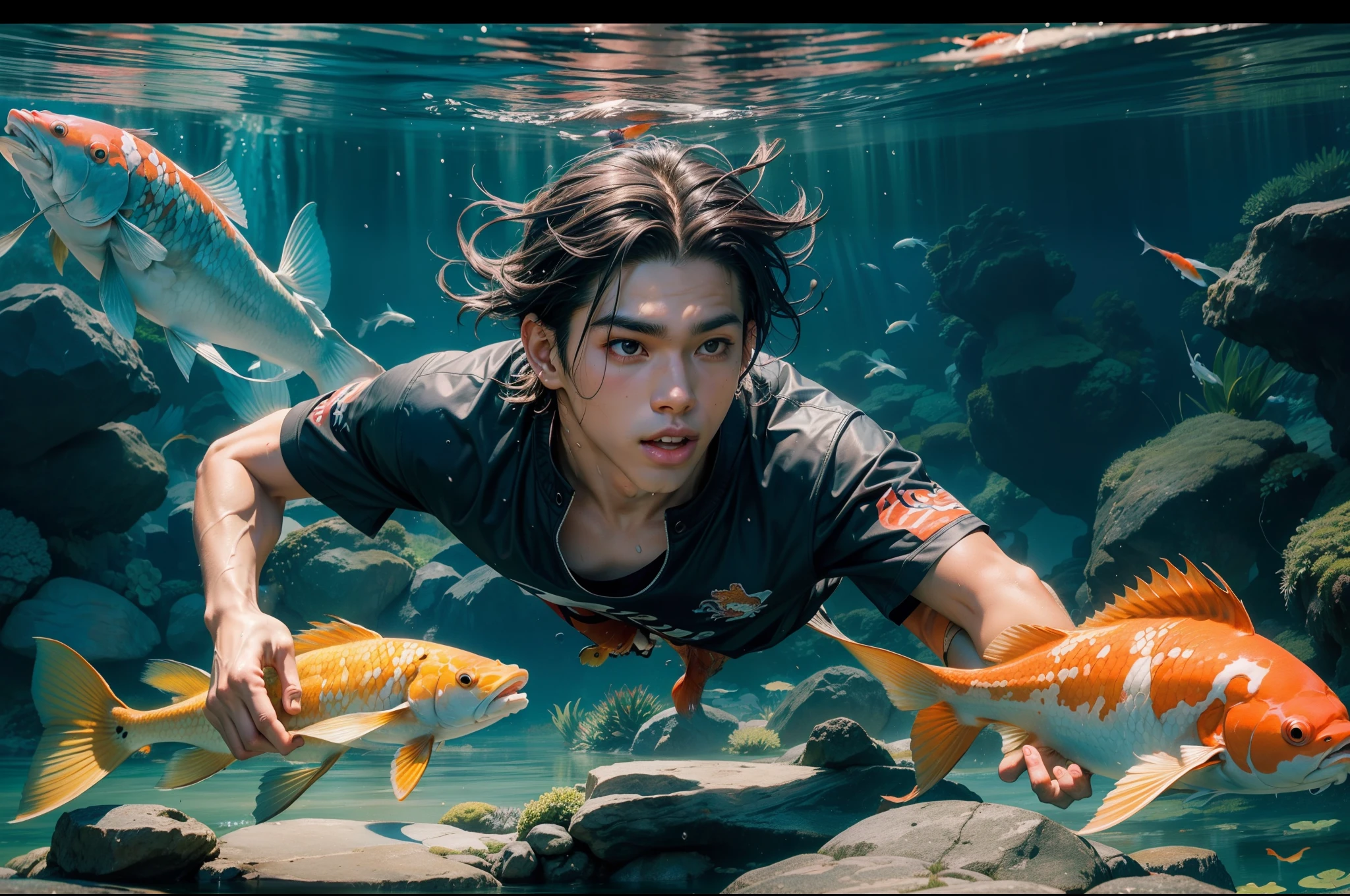 Portrait of a young man in bermudas, half body on water. He has medium long wet dark hair, athetic. Some medium and big size colourful Koi fishes diving and swimming underwater surrounding the young man, splashes of water.  Japanese garden as background. Sunny day, sun reflecting on water. Dynamic scene, colourful. Photorealistic.