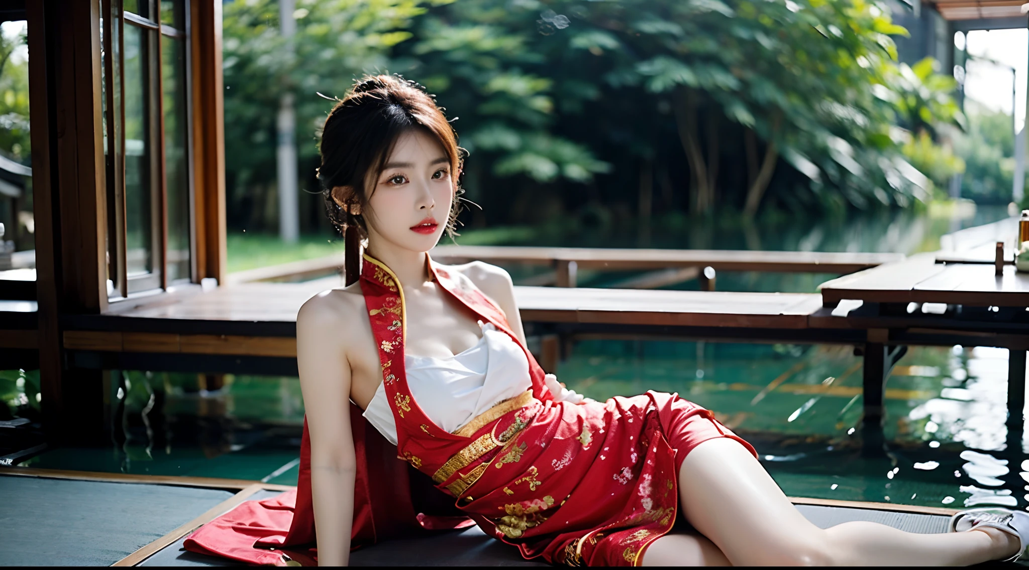 (A half body，Close-up，closeup cleavage：1.2)，Arakfi Asian woman sitting in chair，Wearing a green and gold dress, (outside,hot onsen，florals，grassy，nevando） ， A girl in Hanfu, Hanfu, Cheongsam, with acient chinese clothes, Traditional beauty, Traditional Chinese clothing, Wearing ancient Chinese clothes, Chinese style, Chinese dress, Chinese costume, Chinese traditional, Chinese girl, wearing ornate silk clothes，Redlip,（solo person）