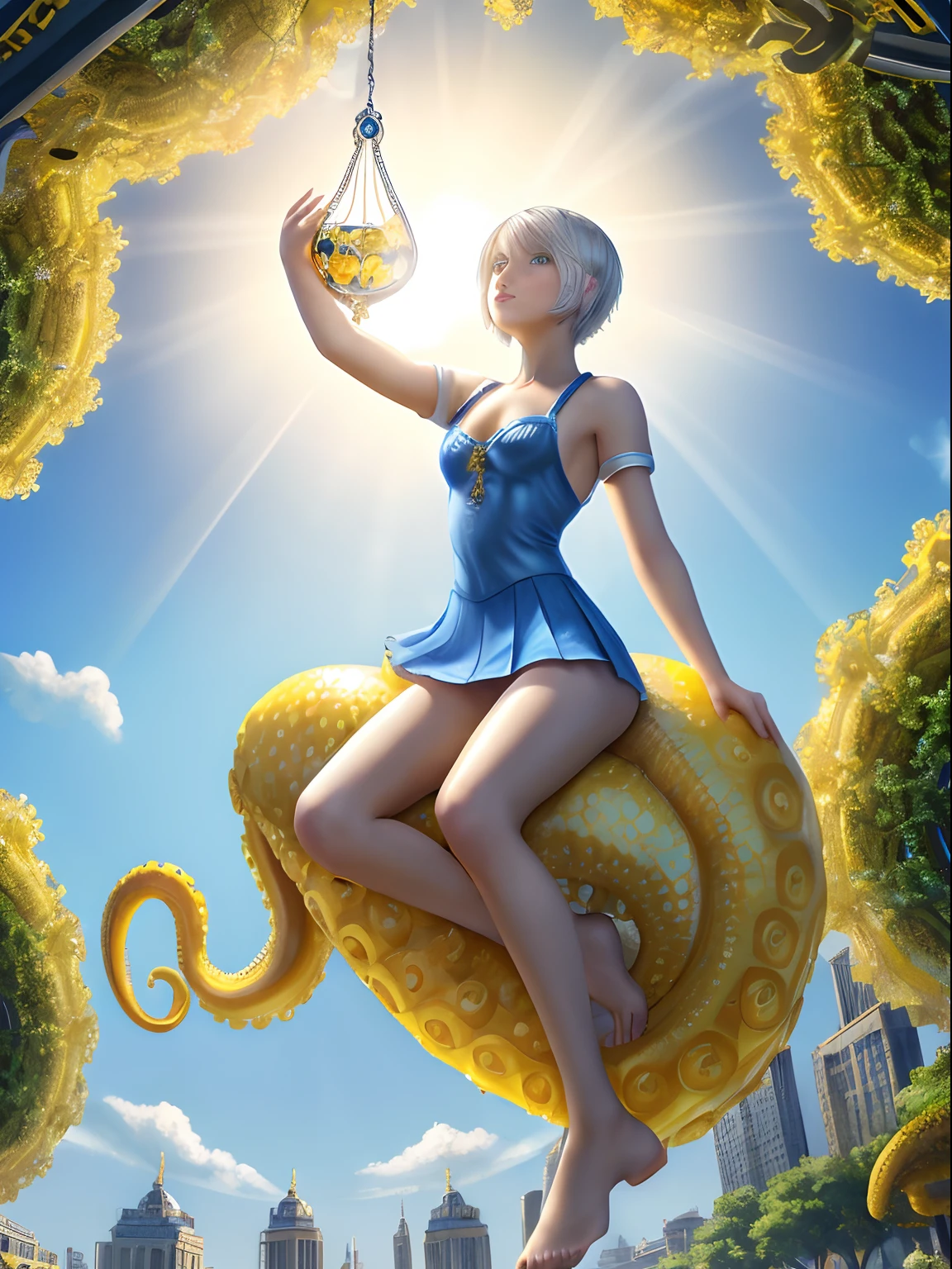 (Best Quality, Masterpiece: 1.1), (Realistic: 1.4), Beautiful naked girl is riding on the yellow octopus, god ray, teen, silver short hair, blue eyes, full body, from below, hourglass body shape, flying over the park, crystallineAI, fractal art, splash