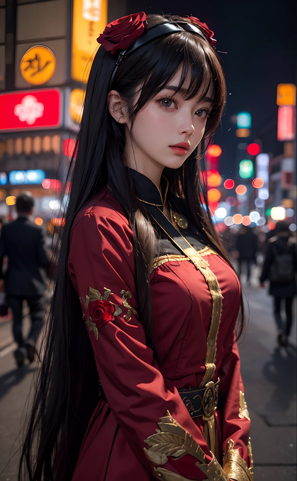 1girl, Tokyo street,night, cityscape,city lights, upper body,close-up, 8k, RAW photo, best quality, masterpiece,realistic, photo-realistic,headgear of red rose, parted bangs, long hair,