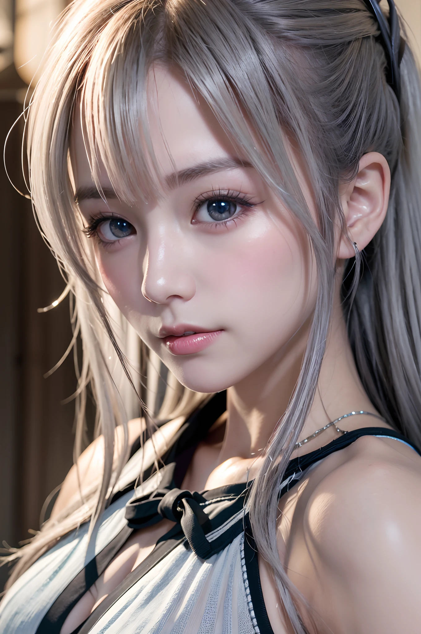 (Best quality, Ultra-detailed, photo-realistic:1.37), Silver-haired woman, nsfw, (big breast:1.5), nipples, Fantastic blue eyes, (smiling broadly), Soft lighting, pink apron, illustration, bangs, Flowing hair, Gentle breeze, Shiny hair, mitts, Gradient hair, folded ponytail, blue halo, Glowing eyes, Wide eyes, drunk, Anime style, shadowing, back lit lighting, macro photograph, Close-up, first person perspective, head out of frame, hyper HD, High details, Best quality