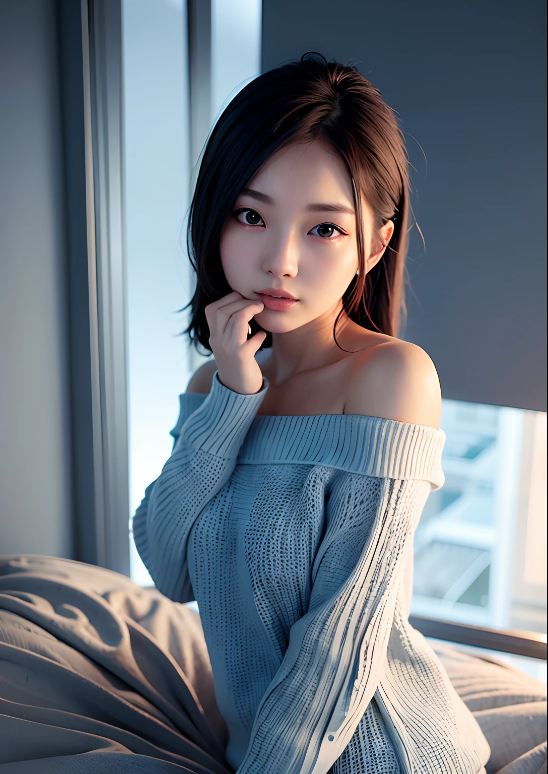 8K, Ultra detailed, Physically-based rendering, Kpop idol, Bedroom, Night, Perfect skin, Closed mouth, off-shoulder sweater, Soft lights