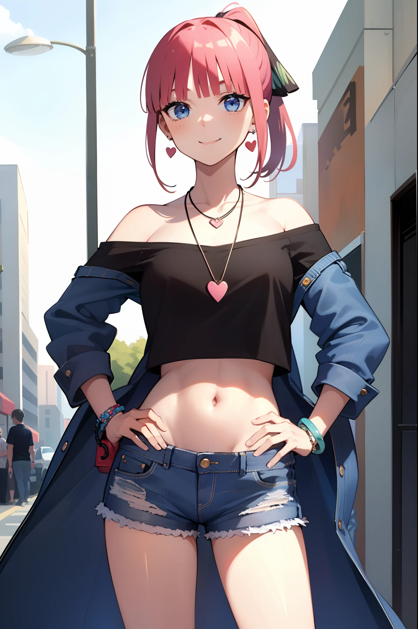 lisachi, looking at viewer, smile, shirt, jewelry, ponytail, heart, earrings, shorts, midriff, necklace, off shoulder, bracelet, hand on hip, short shorts, denim, denim shorts, cutoffs