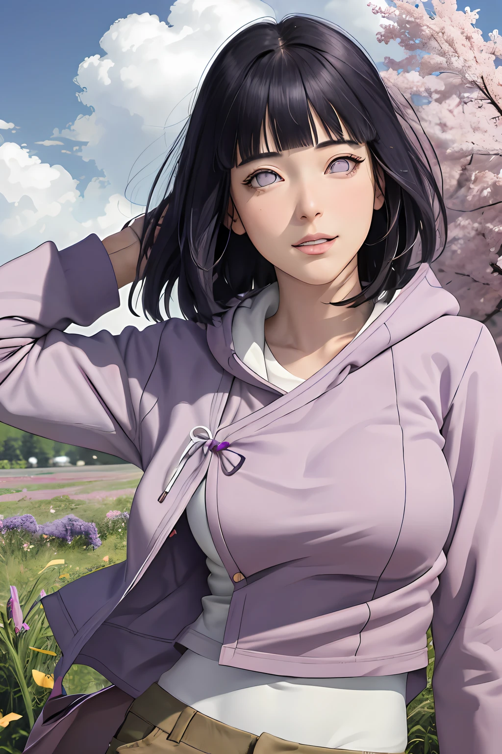 masterpiece, absurdres, hinata\(boruto\), 1girl, solo,mature female, purple hoodie,layered sleeves, brown pants,  outdoors,lavender flower field, looking at viewer, (falling petals), cloudy sky, perfect composition, detailed lips, big breast, beautiful face, body propotion, blush, (pink lips), long hair,  purple eyes,  soft gaze, sad smile,  super realistic, detailed, photoshoot, realistic face and body,  realistic hair, realistic eyes, realistic nose, realistic lips