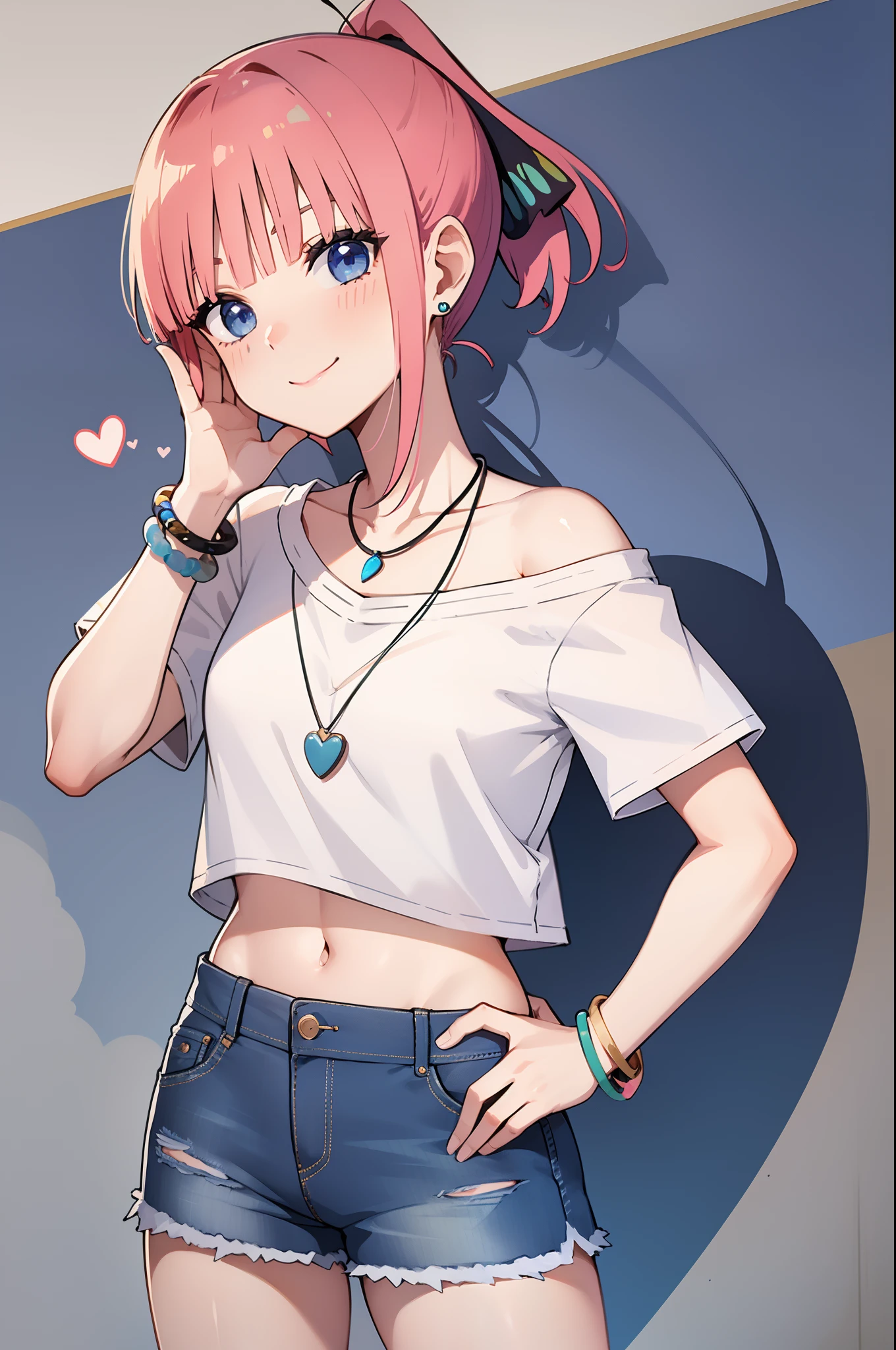 lisachi, looking at viewer, smile, shirt, jewelry, ponytail, heart, earrings, shorts, midriff, necklace, off shoulder, bracelet, hand on hip, short shorts, denim, denim shorts, cutoffs