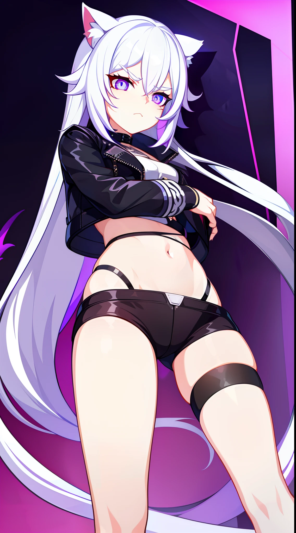 young girl, Long white hair, cat ears, violet eyes, leather jacket, briefs, tear stockings, Black Top, open belly, Lots of scars, claws, anger, Masterpiece, hiquality