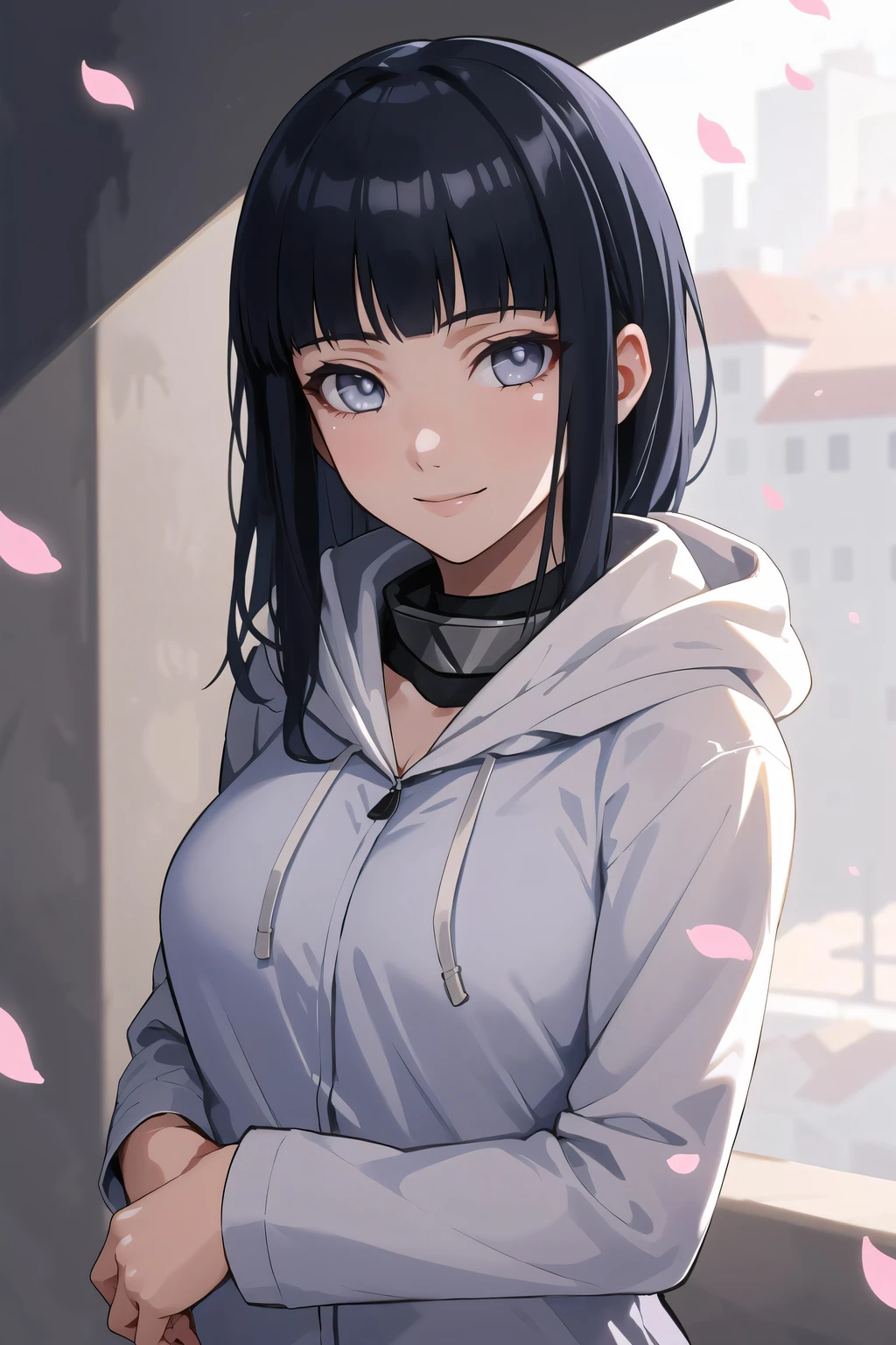 beautiful, masterpiece, best quality, extremely detailed face, perfect lighting, 1girl, hinata, hyuuga hinata, bangs, empty_eyes, black_hair, blunt_bangs, grey eyes, grey sleeves, headband_around_neck, highres, hime cut, hooded_cardigan, long sleeves, looking_at_viewer, petals, smile, solo, straight hair, upper body, hooded jacket, perfect body