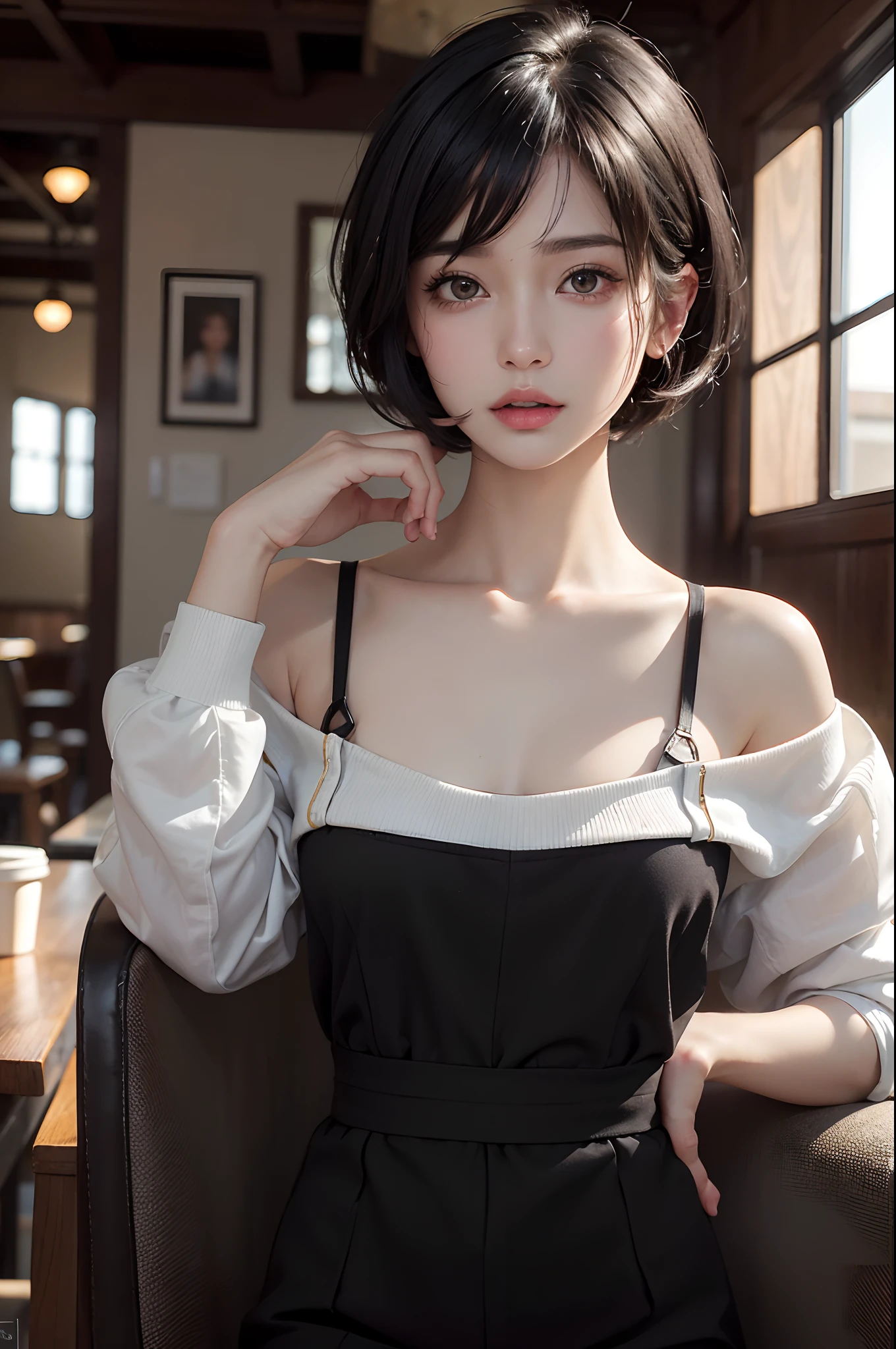 a pregirl,At the coffee shop,(masterpiece:1.3), (8k, photorealistic, RAW photo, best quality: 1.4), (1girl), beautiful face, (realistic face), (black hair, short hair:1.3), Nice hairstyle,photorealistic eye,Nice detail eyes,(Realistic skin),Beautiful skins,(Sweaters),absurd res,enticing,超高分辨率,Ultra photo realsisim,The is very detailed,the golden ratio