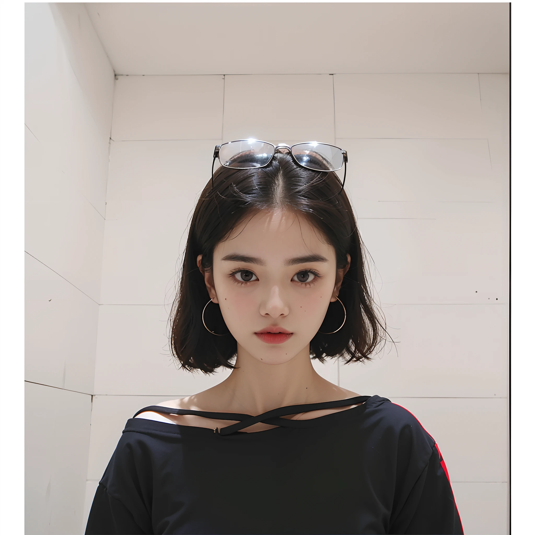 There was a woman with sunglasses on her head, with short hair, ulzzangs, with round face, Korean symmetrical face, round cheeks, pale round face, soft round face, wan adorable korean face, taken with canon eos 5 d, taken with canon 8 0 d, taken with canon eos 5 d mark iv, Sexually-sentient Korean face