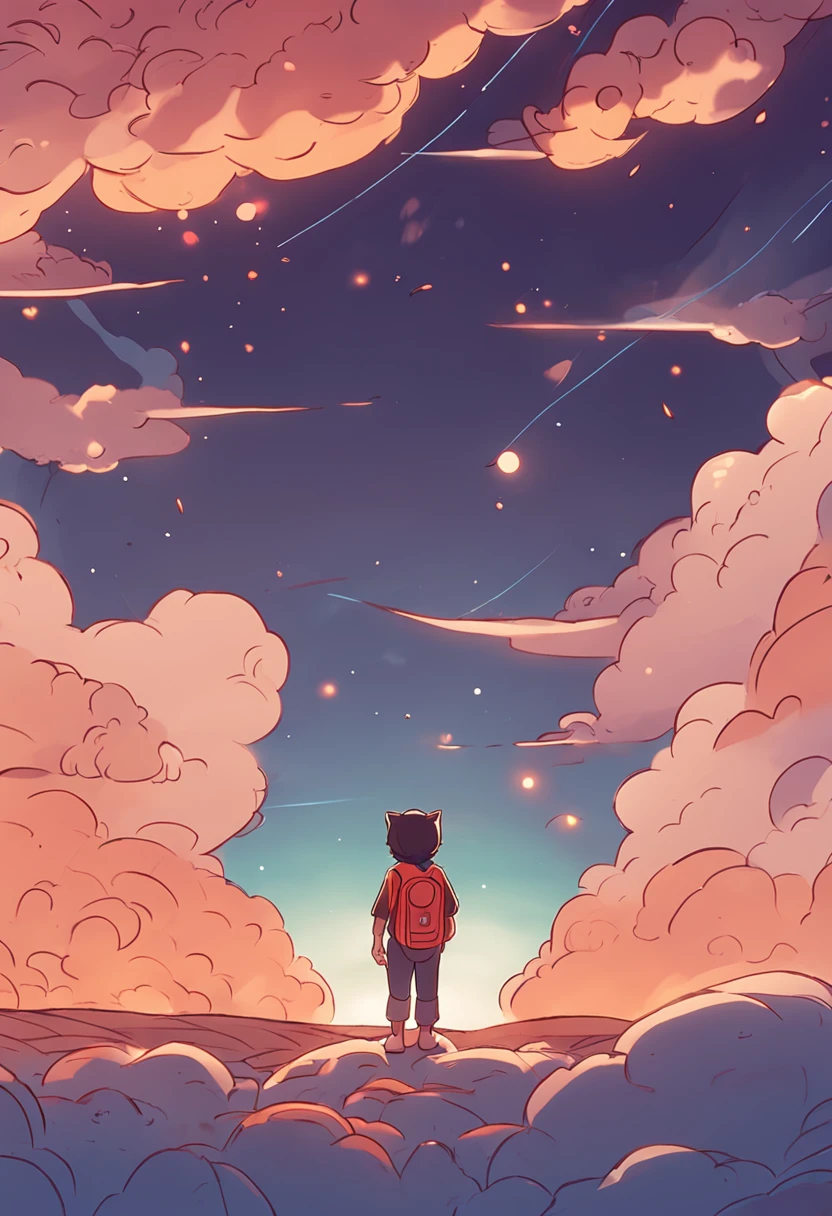 masterpiece, best quality, movie still, tuxedo cat, cute, cat cloud boy, floating in the sky, close-up, bright, happy, warm soft lighting, ghibli style, anime, illustration book, sunset, (sparks:0.7)
