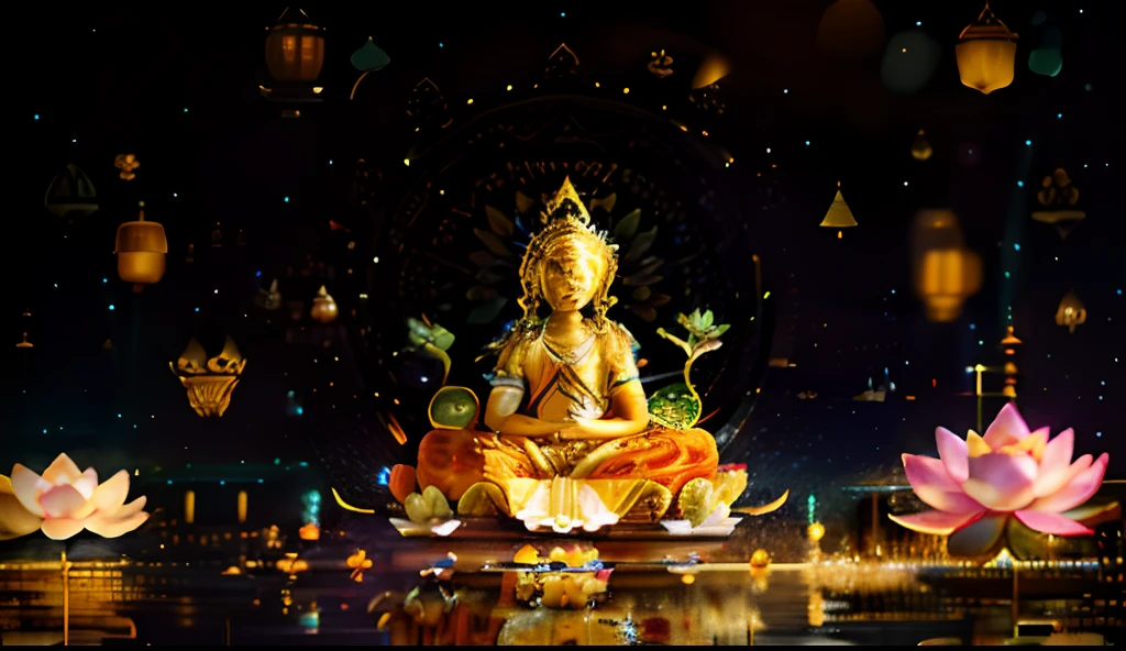 Araved image of a man floating in the air, giant lotus mandala, Beautiful image, sitting on a lotus flower, yellow dragon head festival, the grand temple of flowers, with glowing lights at night, thailand art, Lotus pond, standing gracefully upon a lotus, thai temple, temple fair, beautiful light up, patiphan sottiwilaiphong