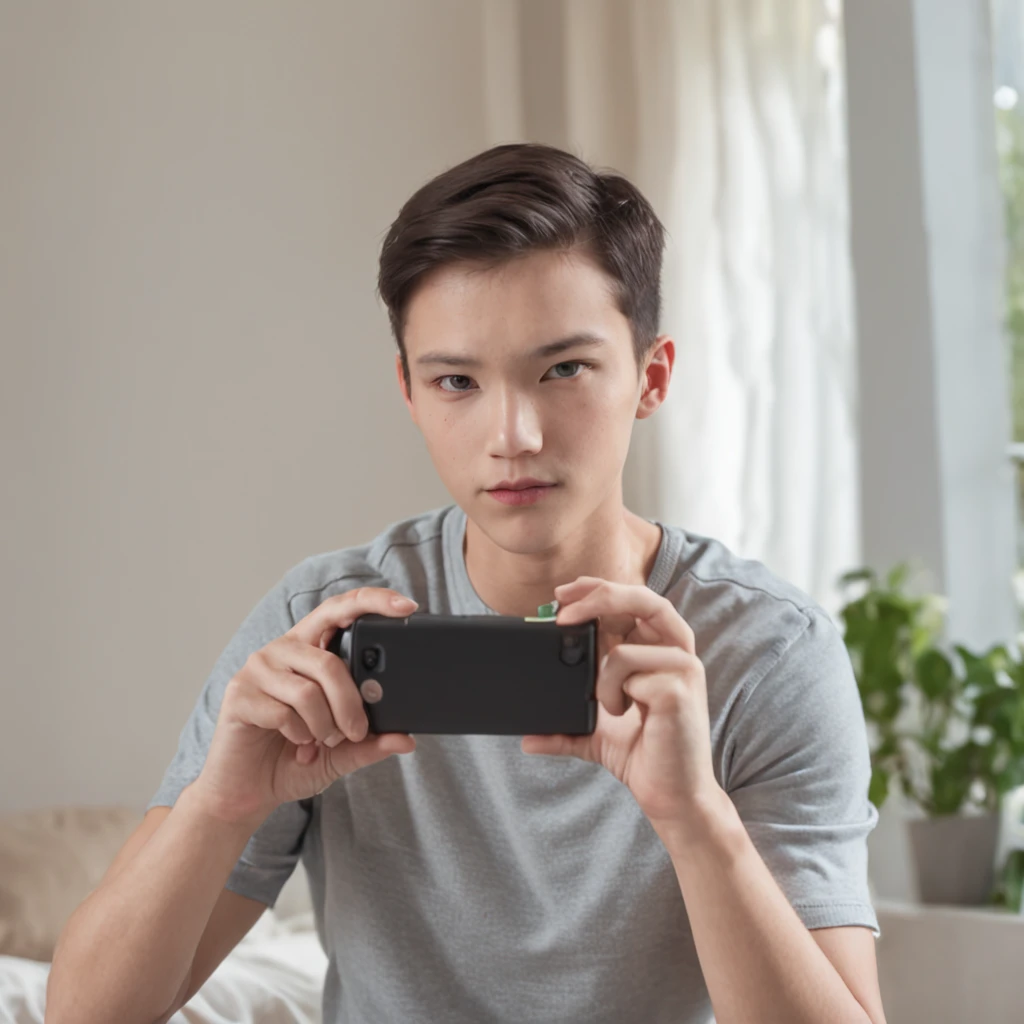 teen, playing mobile game, view from a little further, no electricity, in his room