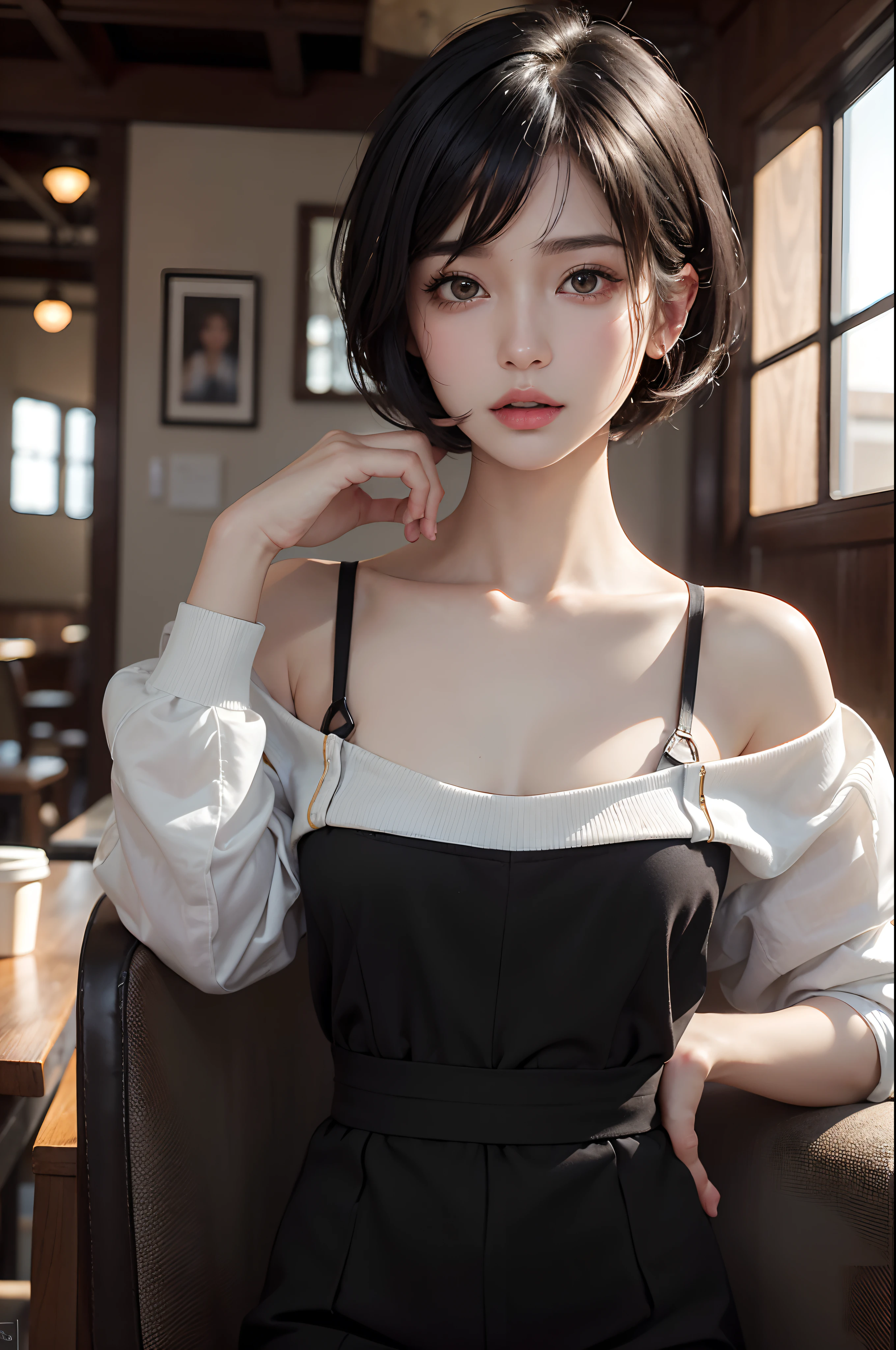 a pregirl，At the coffee shop，(masterpiece:1.3), (8k, photorealistic, RAW photo, best quality: 1.4), (1girl), beautiful face, (realistic face), (black hair, short hair:1.3), Nice hairstyle，photorealistic eye，Nice detail eyes，（Realistic skin），Beautiful skins，（Sweaters），absurd res，enticing，超高分辨率，Ultra photo realsisim，The is very detailed，the golden ratio