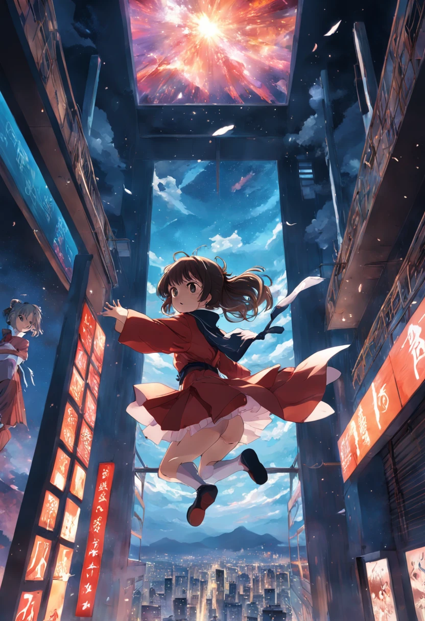 The girl jumped high,A kick through the huge skylight