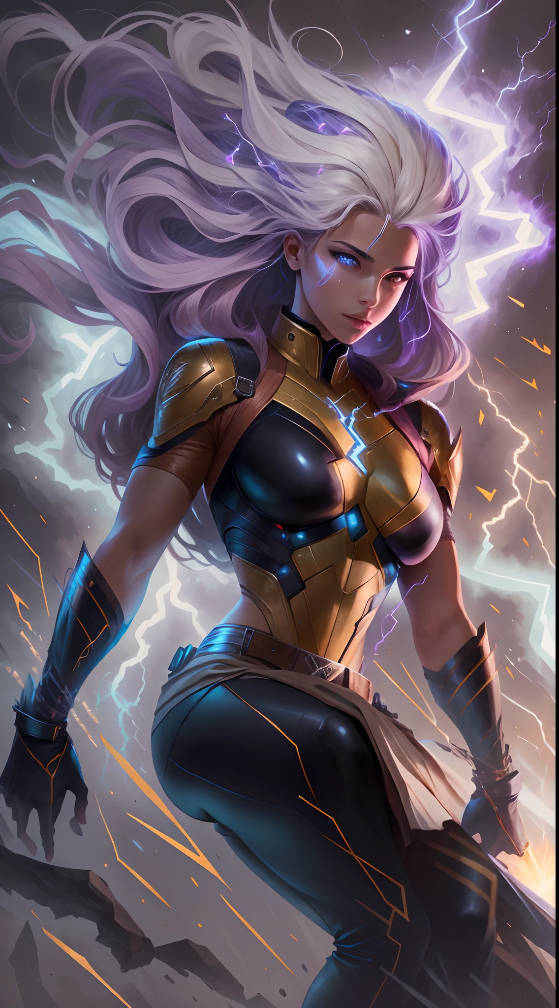1Beautifulwoman, X-Men Storm, lightning in hand, a skirt,glowing light eyes