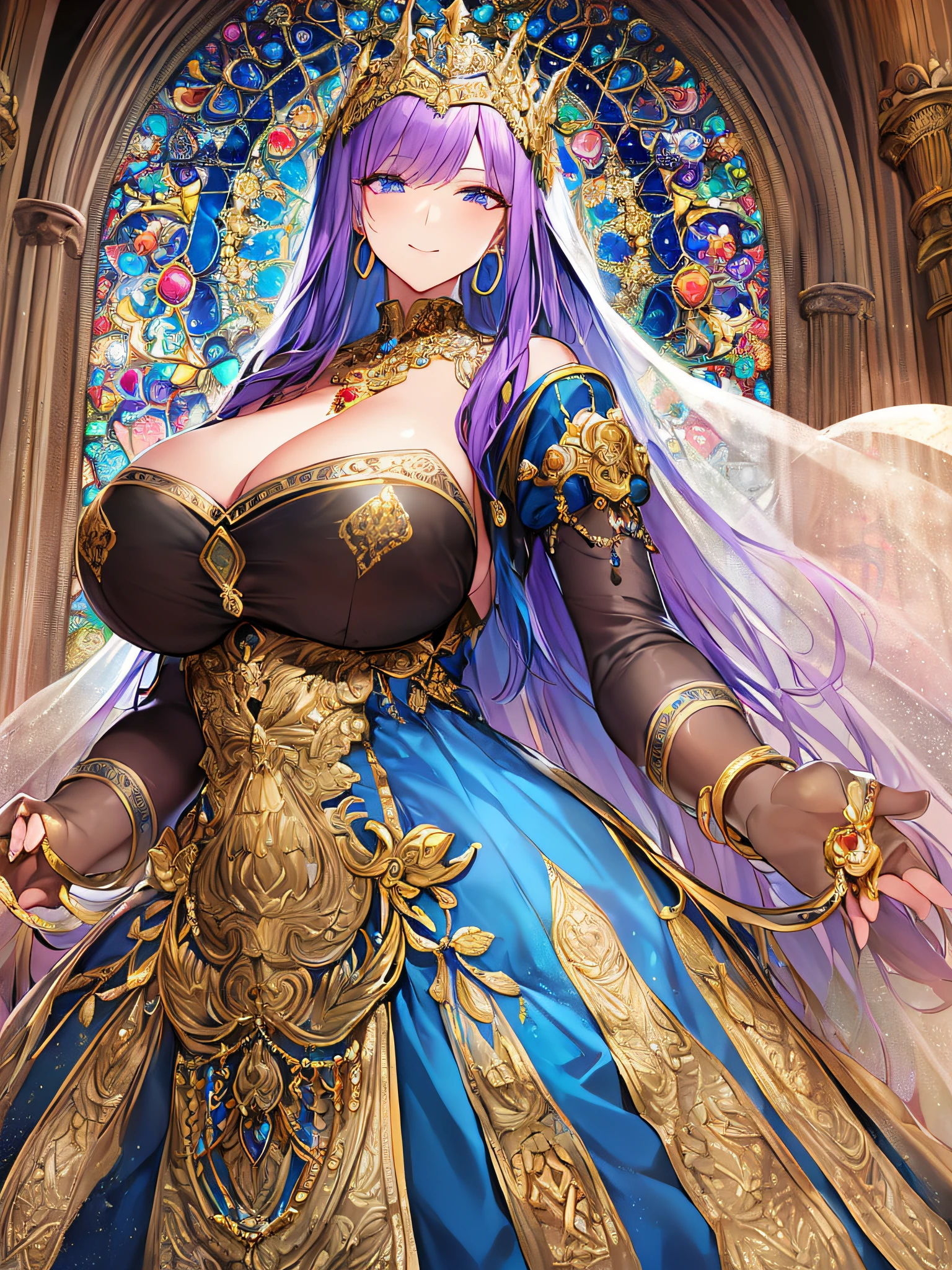 (anime artstyle),((Masterpiece,Best Quality,Super Detail,Very Delicate and Beautiful)),Solo,((full body,standing picture)),standing in the sacred cathedral,((Sacred atmosphere)),((1 holy  High Priestess in beautiful embroidery and jeweled gorgeous rococo ballgown dress with voluminous full length hoop skirt)),(crinoline),gorgeousfull embroidery,(gorgeous gemstone jewelry),(detailed face and eyes),jewel-like eyes,smile,((large amount of straight hair,extremely Long voluminous Hair)),Sacred Veil,((gigantic tits,Long tits,skindentation)),gorgeousfull embroidery,cleavage,extremely gorgeousfull hair ornament,(bling-bling extremely gorgeousfull jeweled tiara),gorgeous corsage,Stained glass,(Dynamic Angle),Looking at viewer,((full body)),((beautiful embroidery and jeweled gorgeous rococo ballgown dress with voluminous full length hoop skirt))