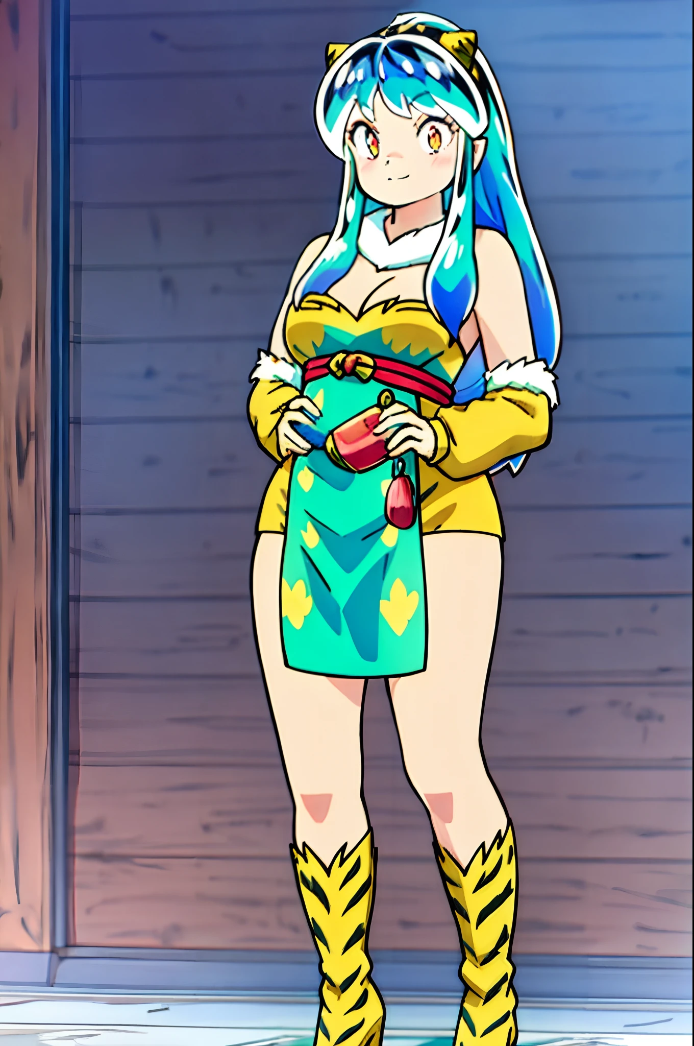 lum, 1girl, tribal clothing, fur clothing,hammer holding,barbarian, smile, blush, full body standing