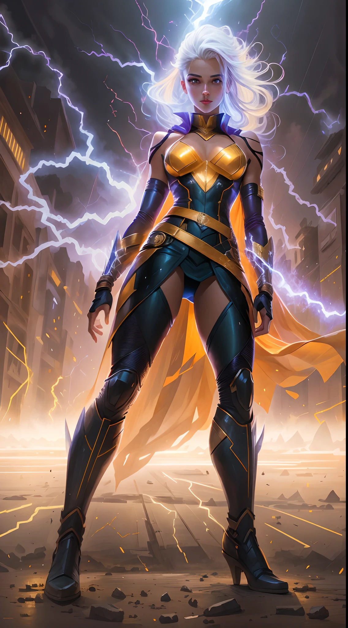 1Beautifulwoman, X-Men Storm, lightning in hand, a skirt,glowing light eyes