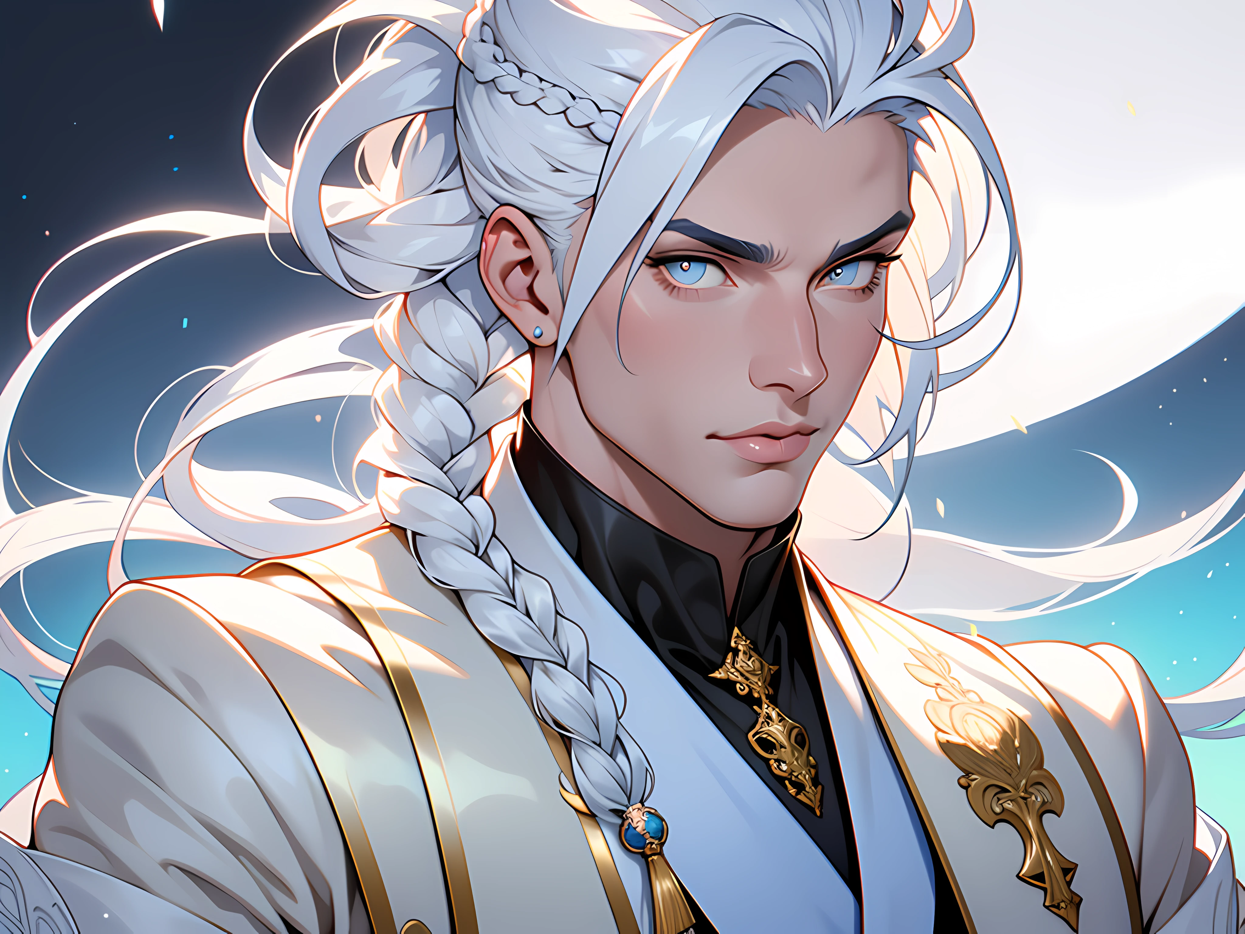 1guy, gorgeous dapper Elysian male with perfect balance of masculine and feminine features, (stunning long pure white hair, 1braid), white and powder blue tetradic colors, perfect anatomy, approaching perfection, stern gold eyes, 8k resolution, (Single person), masterpiece, perfect face:1.2), intricate details, opulent detailed background, full lips, curvy guy, cinematic lighting,nijistyle