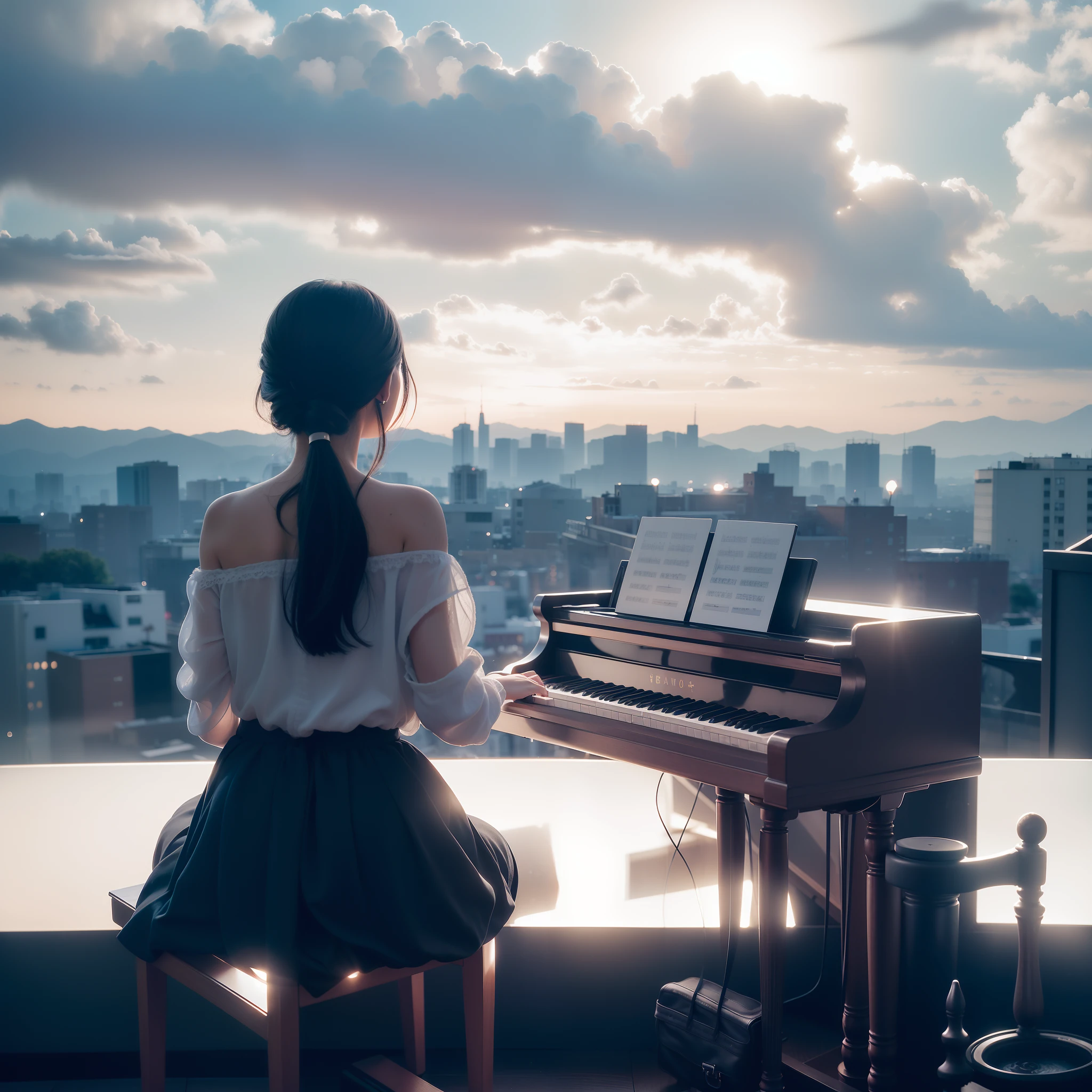 There is a woman sitting in front of a piano in front of a window, set in tokyo rooftop, Cinematic afternoon light, Stand on the Piano、(credibly_absurderes,Huge_filesize:1.37),(masterpiece:1.37),(top-quality:1.37),(realisitic,Photorealsitic:1.2),Ray traching,Realistic lighting,(illuminations,Glow),((film grains:1.37)),(Exquisite details and textures:1.2),(8K分辨率:1.2),(ultra -detail:1.2),(Sharp Focus 1.2),(Raw photography:1.0),(ulzzang -6500-v1.1:1.2),(Beautiful Detail Face、A dark-haired、((((perfect anatomia))))、viewer、1girl in、独奏、、(Detailed natural skin、detailed skin textures、Detailed black hair、Well-formed hairstyle)、Facial light、(ciinematic light)、lensflare、Back lighting