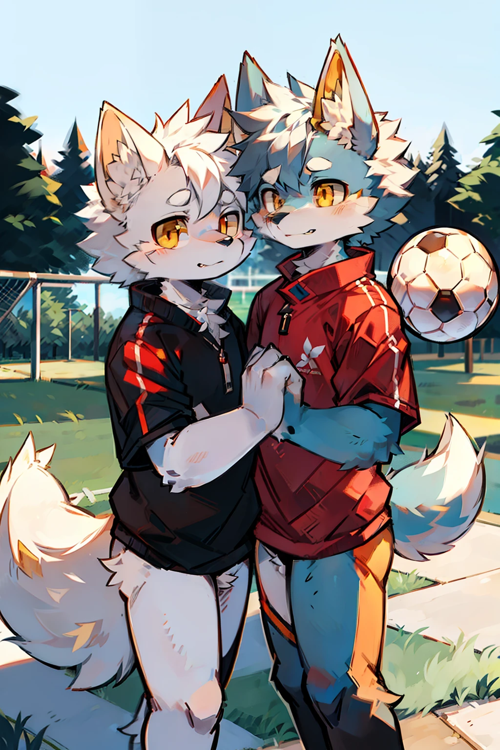 Duo, wolf, ((male)), slender, ((twinks)), detailed, uploaded to e621, beautiful and detailed portrait of an anthropomorphic boy, fauxhawk hair, (((male))), kenket, uploaded to e621, (football shirt oversized, red cotton panties, bulge), park, sitting on grass, legs spread, white socks