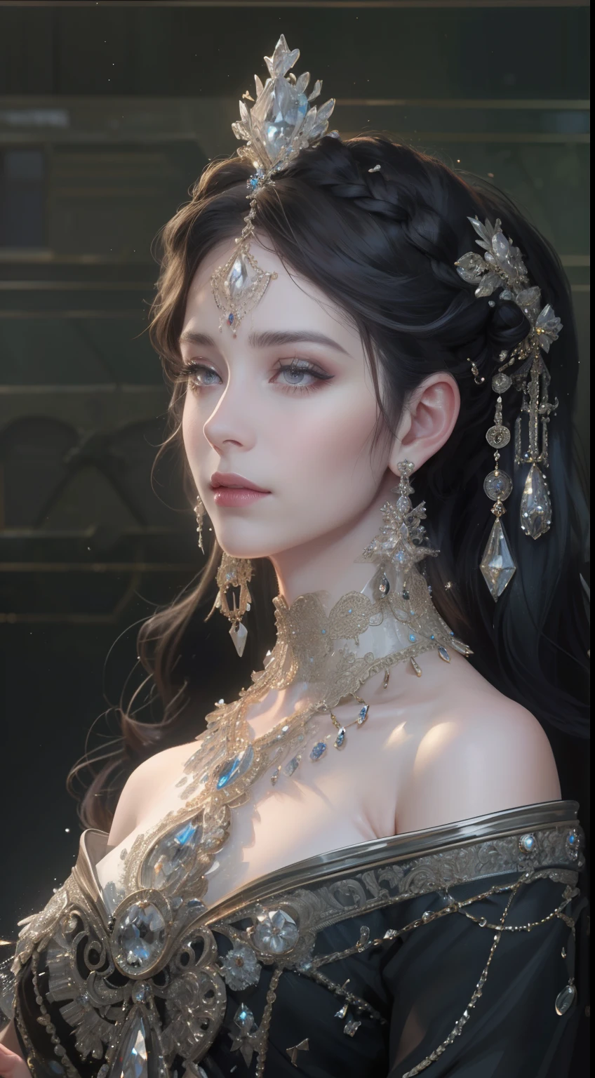 tmasterpiece,Highest high resolution,Beautiful bust of a noble lady,Delicate black braided hair,Brown clear eyes,The hair is covered with beautiful and delicate floral craftsmanship, Crystal jewelry filigree,Ultra-detailed details,upscaled。Soft lighting