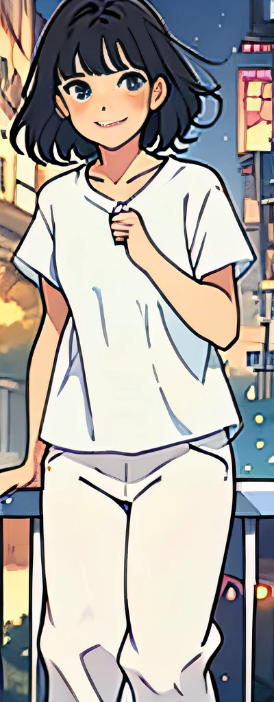 there is a woman standing on a balcony with a city in the background, white tshirt, dressed in a white t shirt, wearing white shirt, plain white tshirt, dressed in a white t-shirt, white t-shirt, white t - shirt, white shirt, wearing a t-shirt, wearing a white shirt, white top, wearing a light shirt, anime, artstyle, beautiful woman, anime face,  anime woman, painting, art, black hair, asia woman, pretty smile, night city background