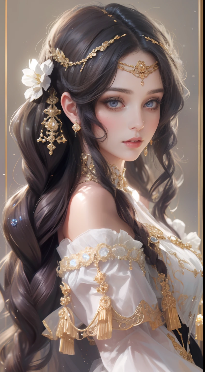 tmasterpiece,Highest high resolution,Beautiful bust of a noble lady,Delicate black braided hair,Brown clear eyes,The hair is covered with beautiful and delicate floral craftsmanship, Crystal jewelry filigree,Ultra-detailed details,upscaled。Soft lighting