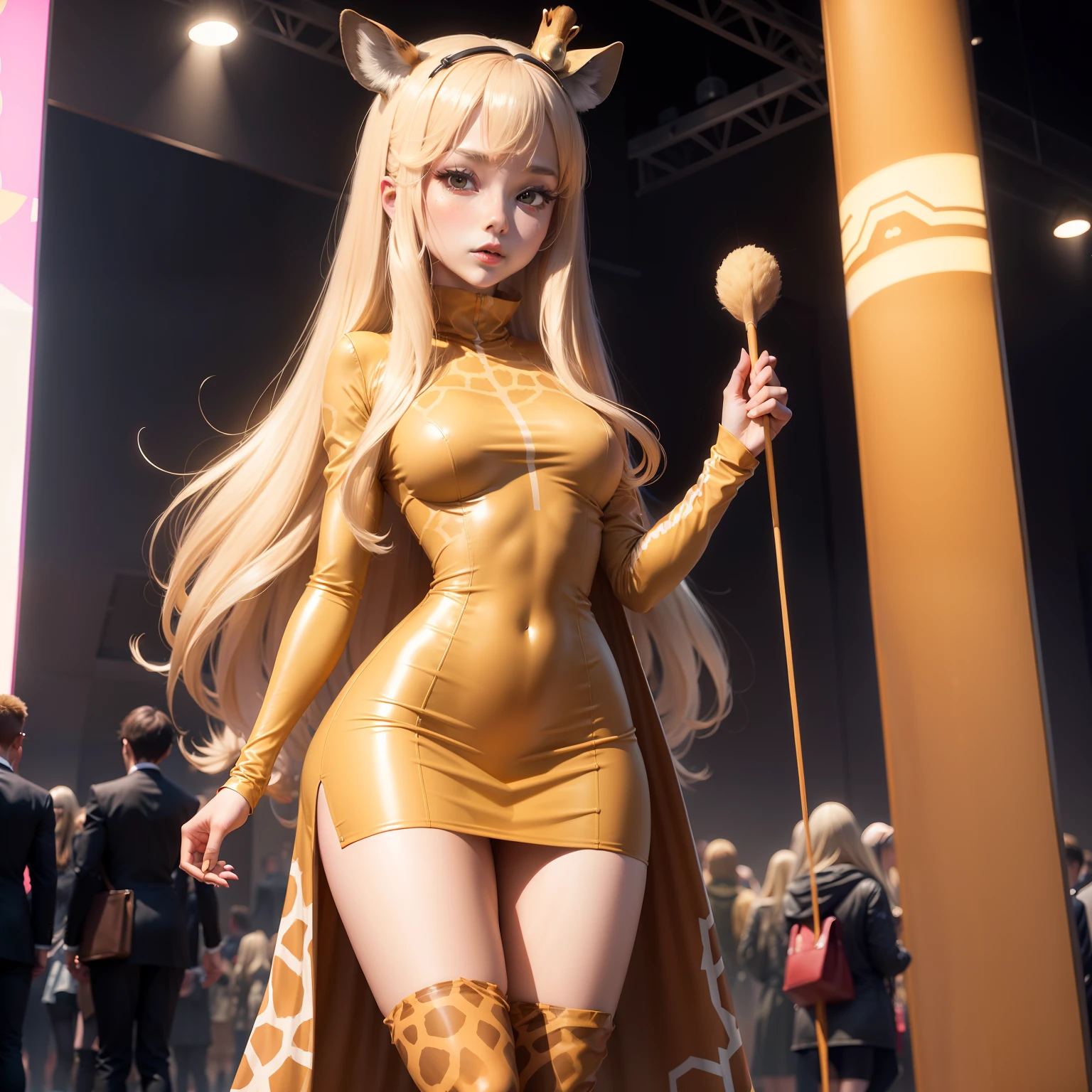 Woman in giraffe costume（Tight Miniskirt Dress）、Idol face、Looks fun、full body Esbian、Blonde straight long hair、、tall、kneehigh boots