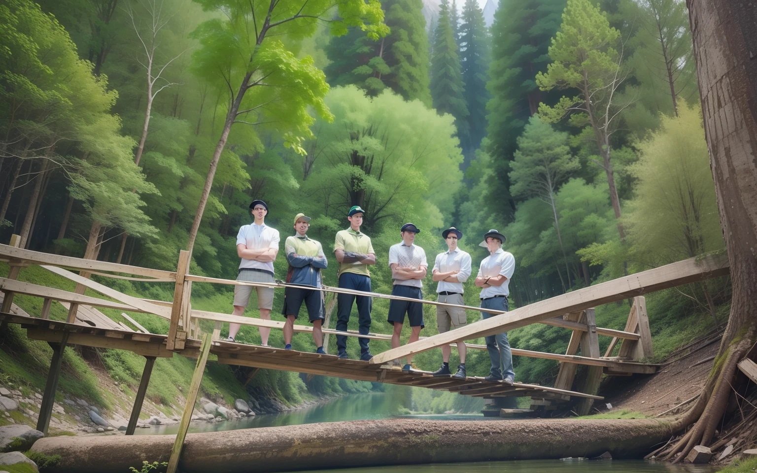 6 man stand freestyle on river behind alot of trees have alot of natural and mountain