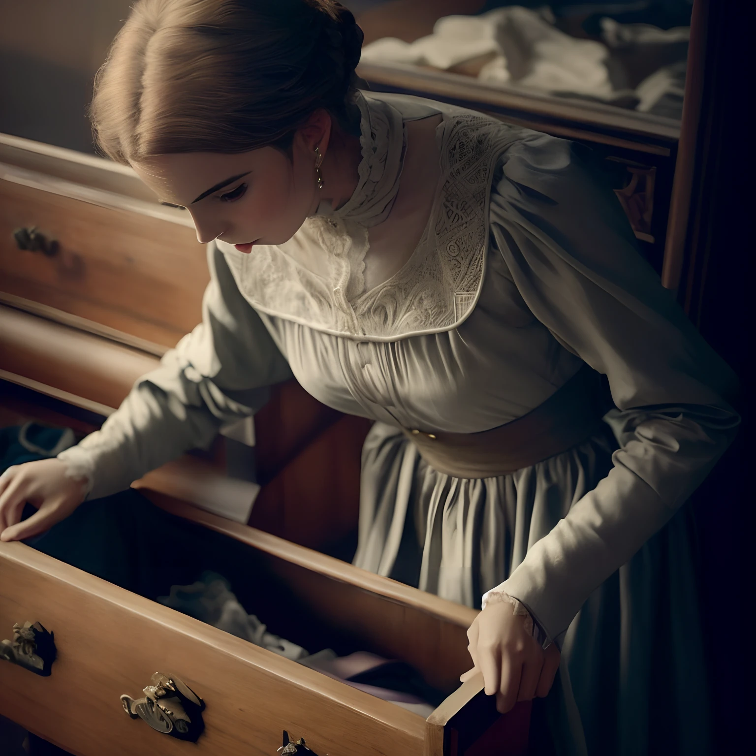 mulher em um vestido olhando para uma gaveta de roupas, Vitoriano, Filme ainda de Emma Watson, Filme ainda de Emma Watson, Em uma casa vitoriana empoeirada, usando roupas vitorianas, Roupas vitorianas, Victoria, ainda do filme, traje estilo vitoriano, vestido vitoriano, wearing 1890s era clothes, Emma Watson para Victorian Secret