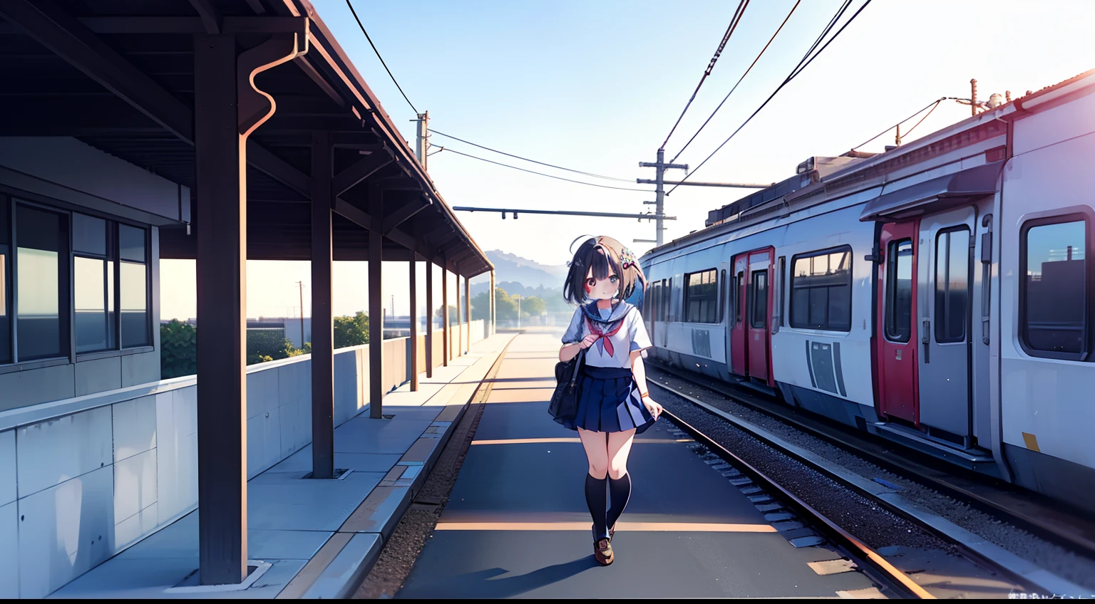 Octane Render、(Hyper-detailing: 1.15)、(Soft light、sharp: 1.2)、morning、Elementary school girl with school bag walking on a road parallel to the railway tracks、Raising the right hand、Vigorous、You can see the sea in the background, I see the train、（ hair adornments、Floral hair ornament）、 masutepiece, Anatomically correct、A smile, radiant light、Shinkai Makoto style