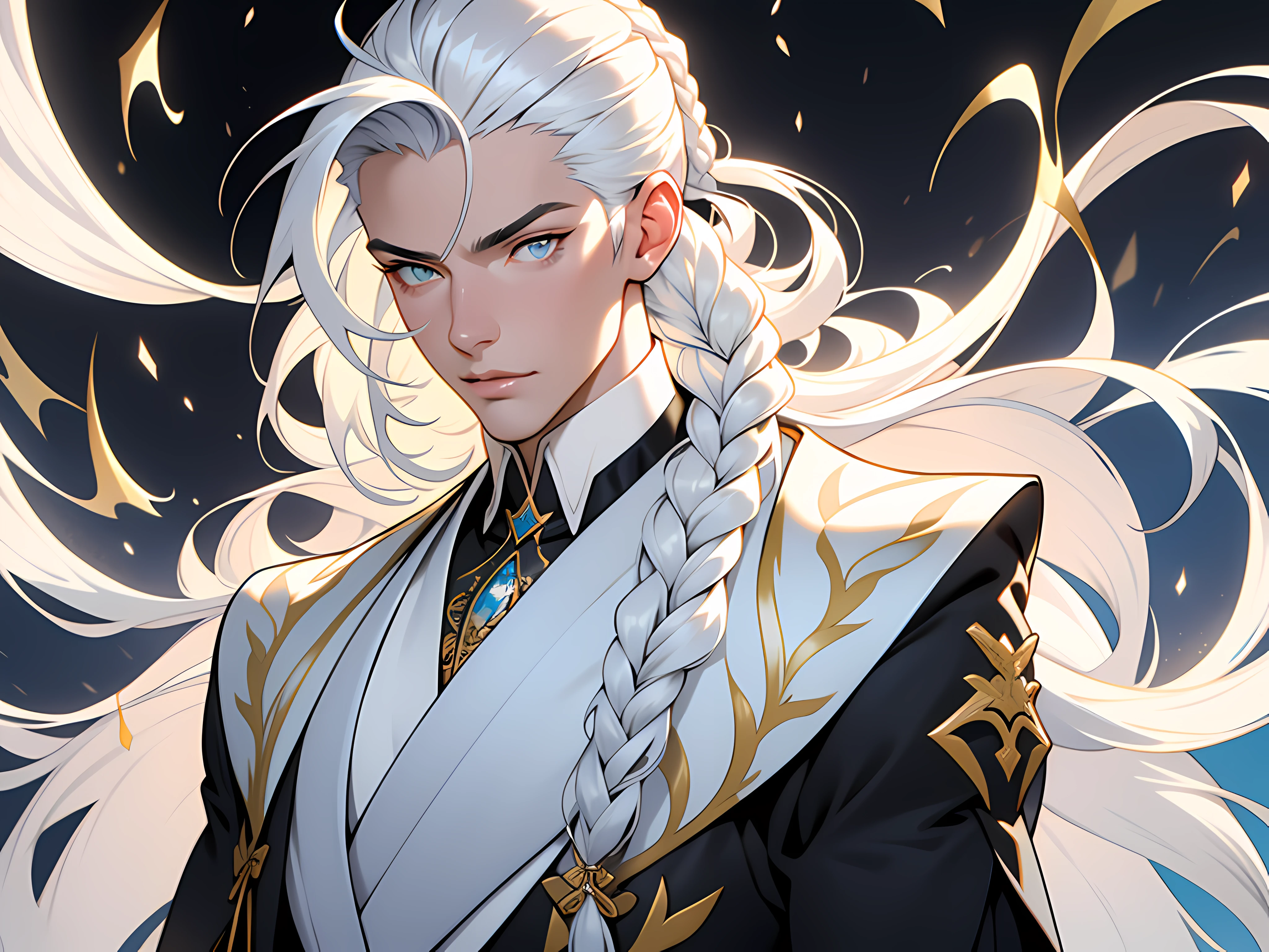 1guy, gorgeous dapper Elysian male with perfect balance of masculine and feminine features, (stunning long pure white hair, 1braid), white and powder blue tetradic colors, perfect anatomy, approaching perfection, stern gold eyes, 8k resolution, (Single person), masterpiece, perfect face:1.2), intricate details, opulent detailed background, full lips, curvy guy, cinematic lighting,nijistyle
