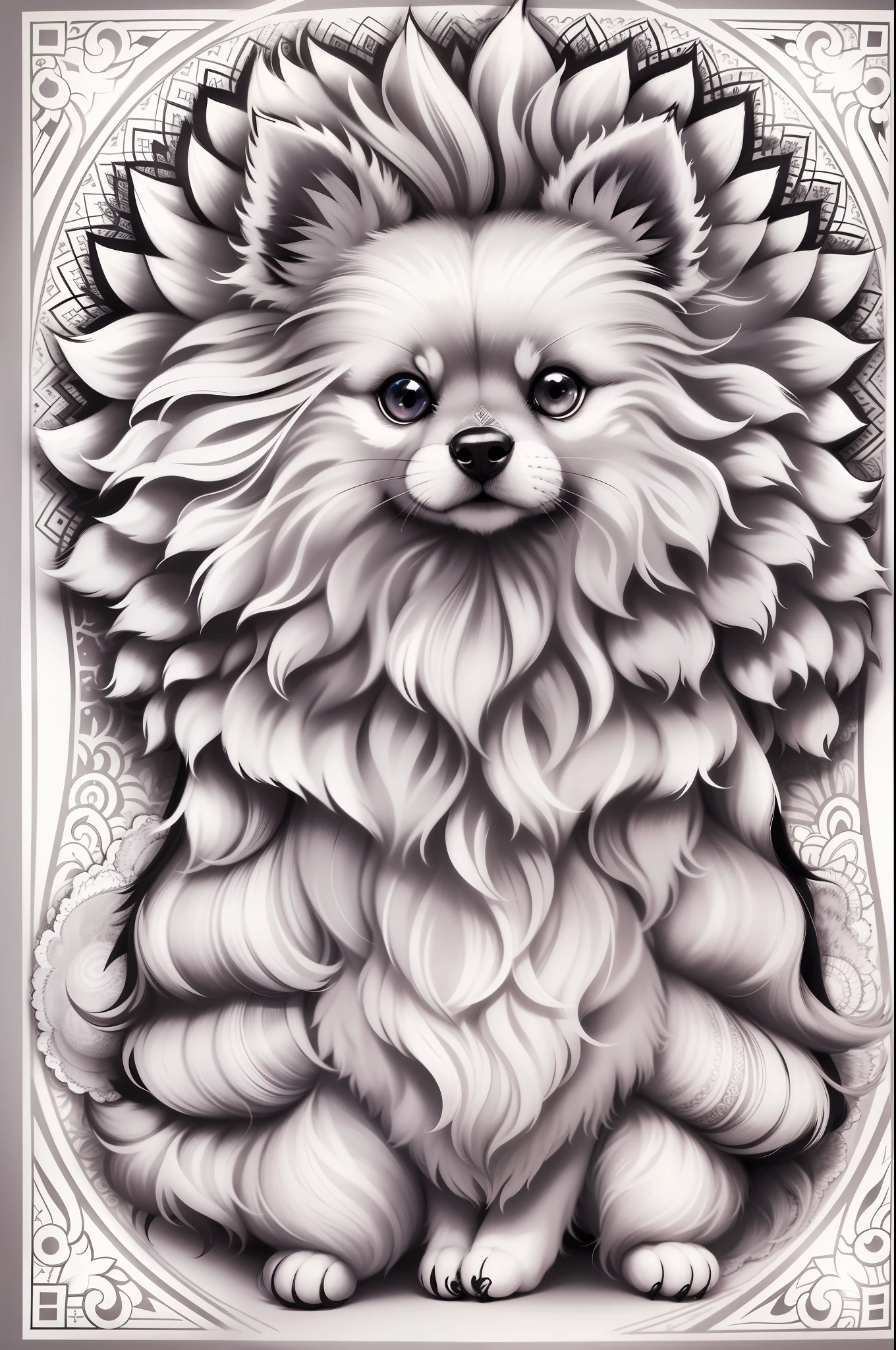 Pomerania for a coloring, linhas em negrito, linhas escuras, estilo mandala, simetrico, fundo branco, Arte de linha limpa, arte de linha fina, preto e branco, colorir
